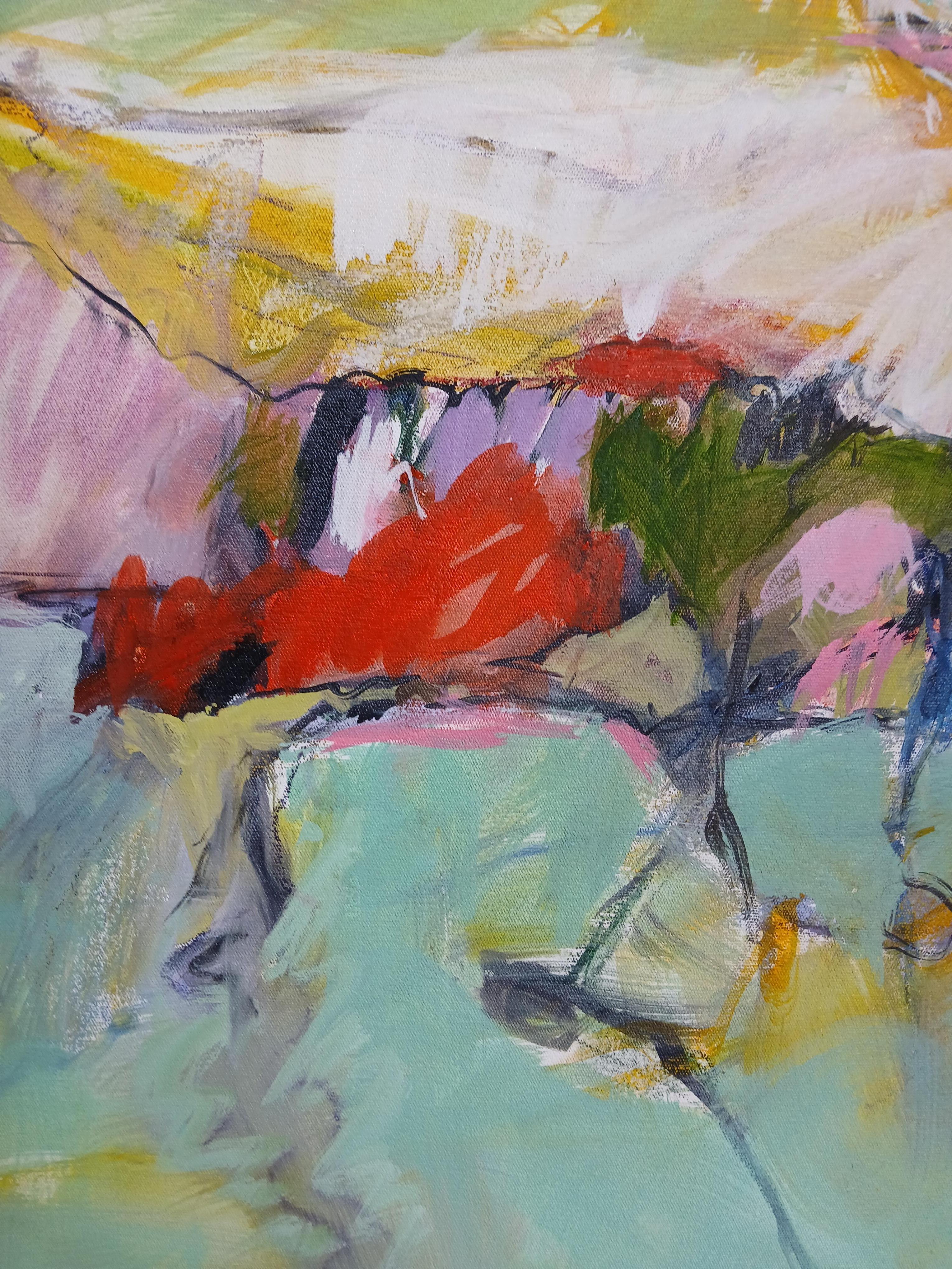 Cuadro abstracto grande y colorido al óleo sobre lienzo con tonos pastel - Abstract Painting Gris de Martie de Wet