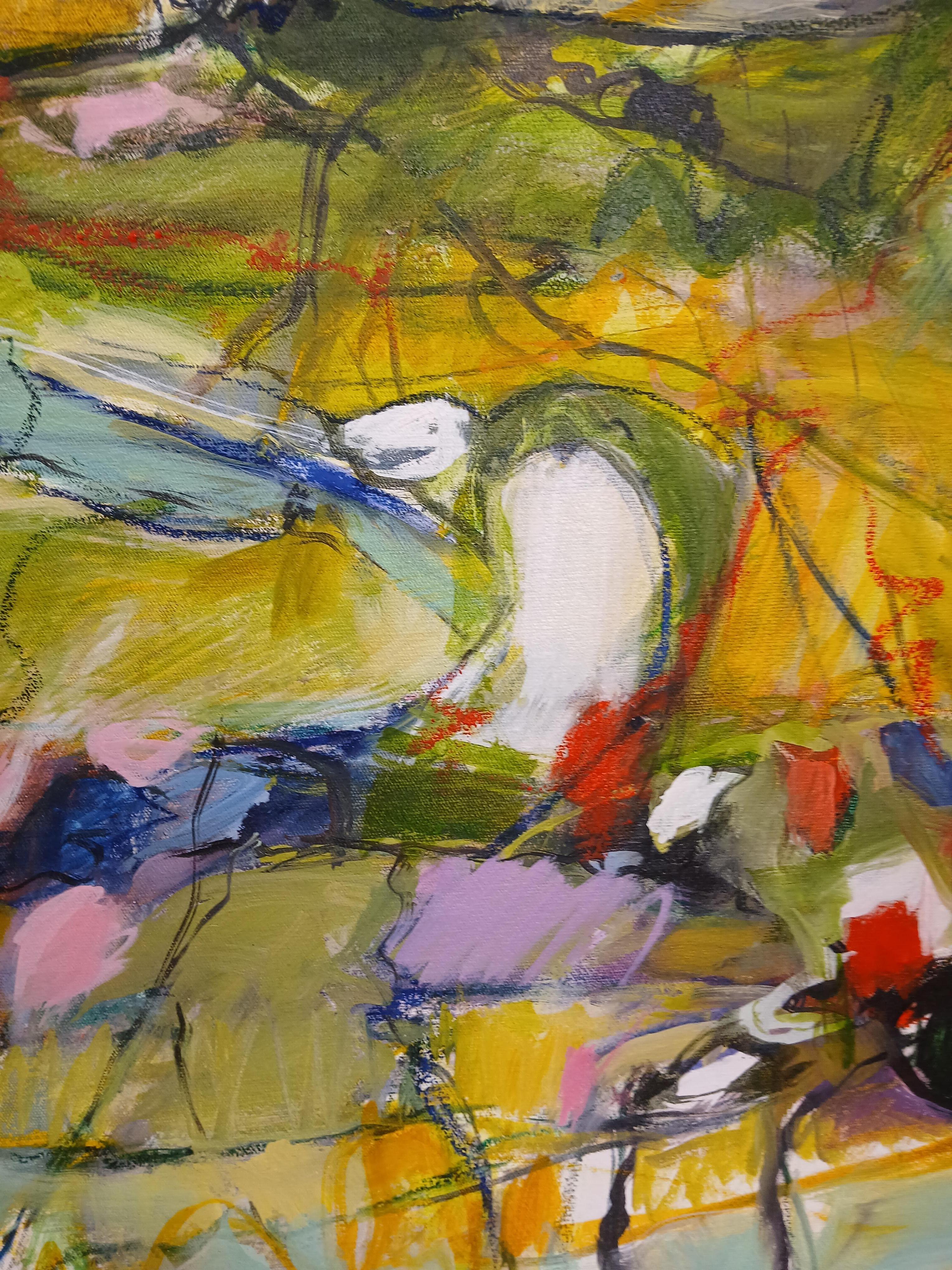 Cuadro abstracto grande y colorido al óleo sobre lienzo con tonos pastel en venta 2