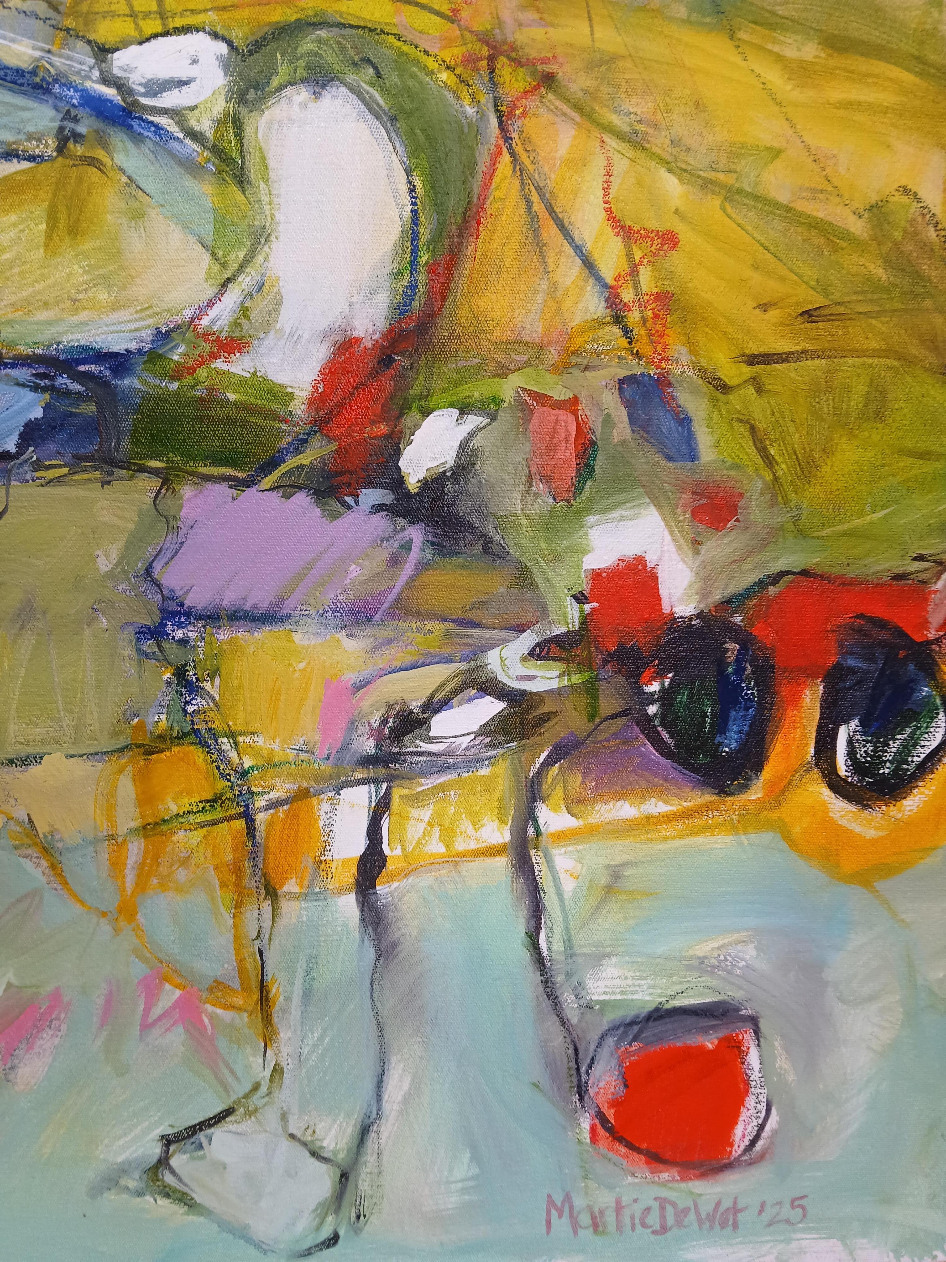 Cuadro abstracto grande y colorido al óleo sobre lienzo con tonos pastel en venta 3