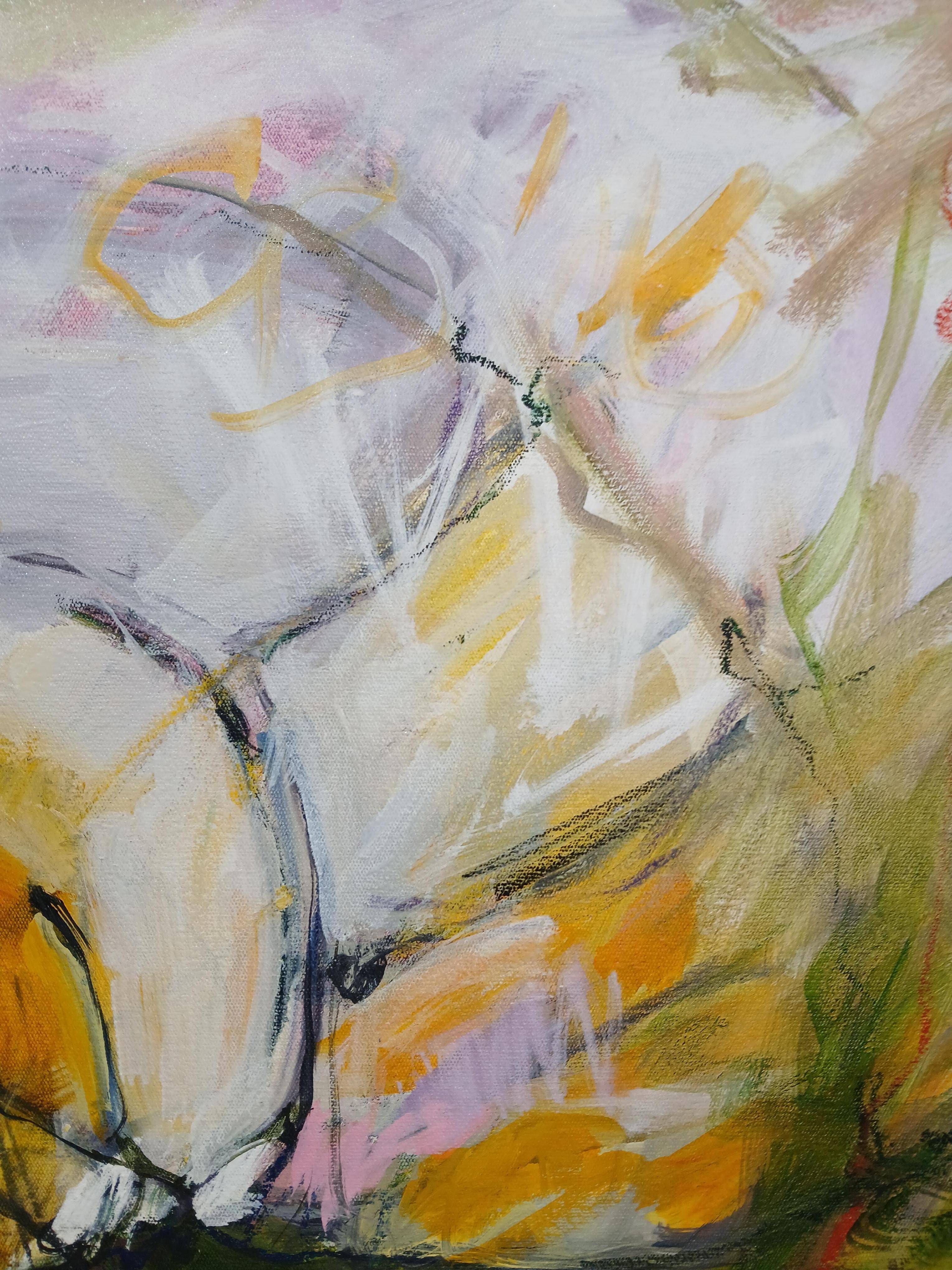 Cuadro abstracto grande y colorido al óleo sobre lienzo con tonos pastel en venta 4