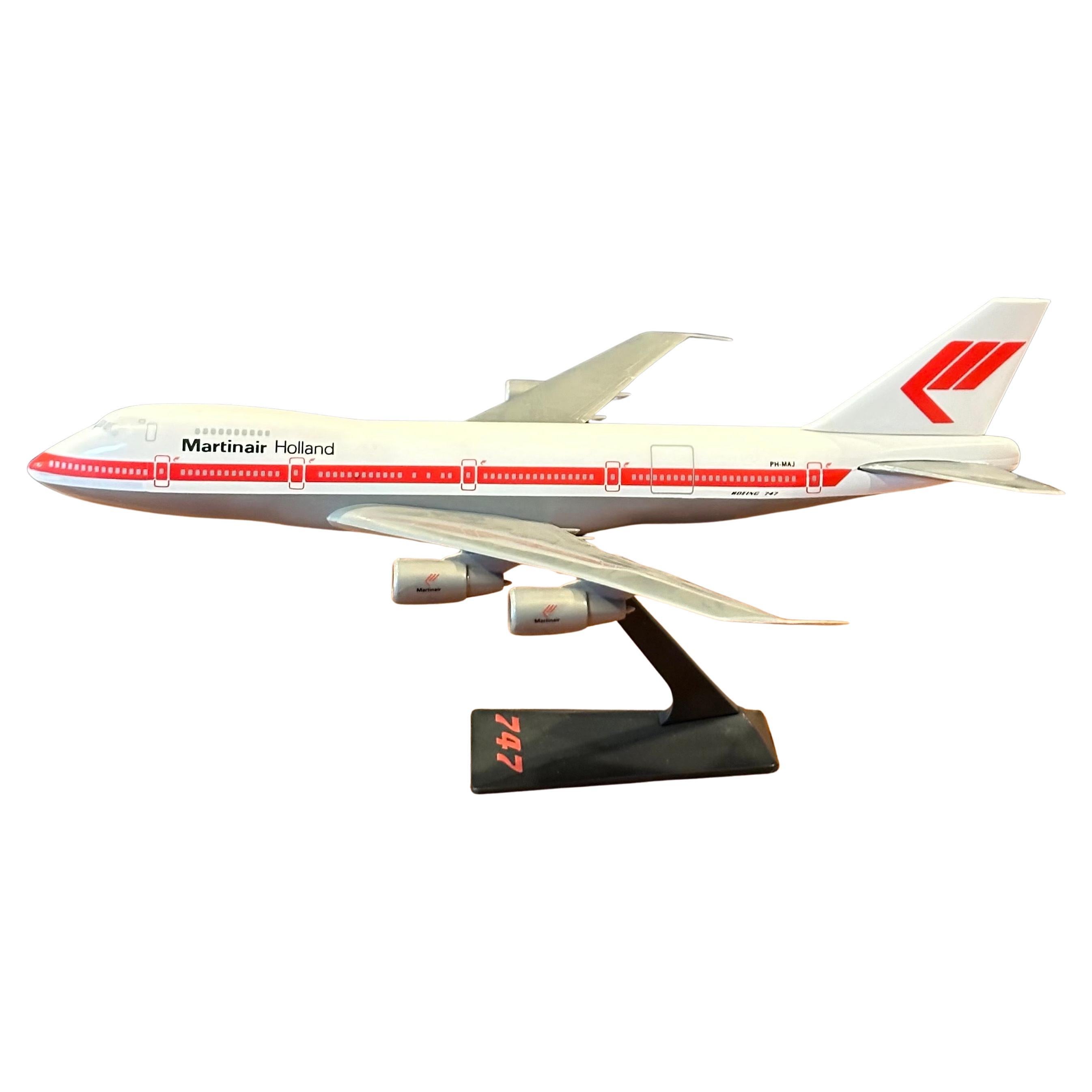 A very cool Martin Airlines Holland Boeing 747 jumbo jetliner airplane contractor desk model, circa 1980s.  The model measures 9.5