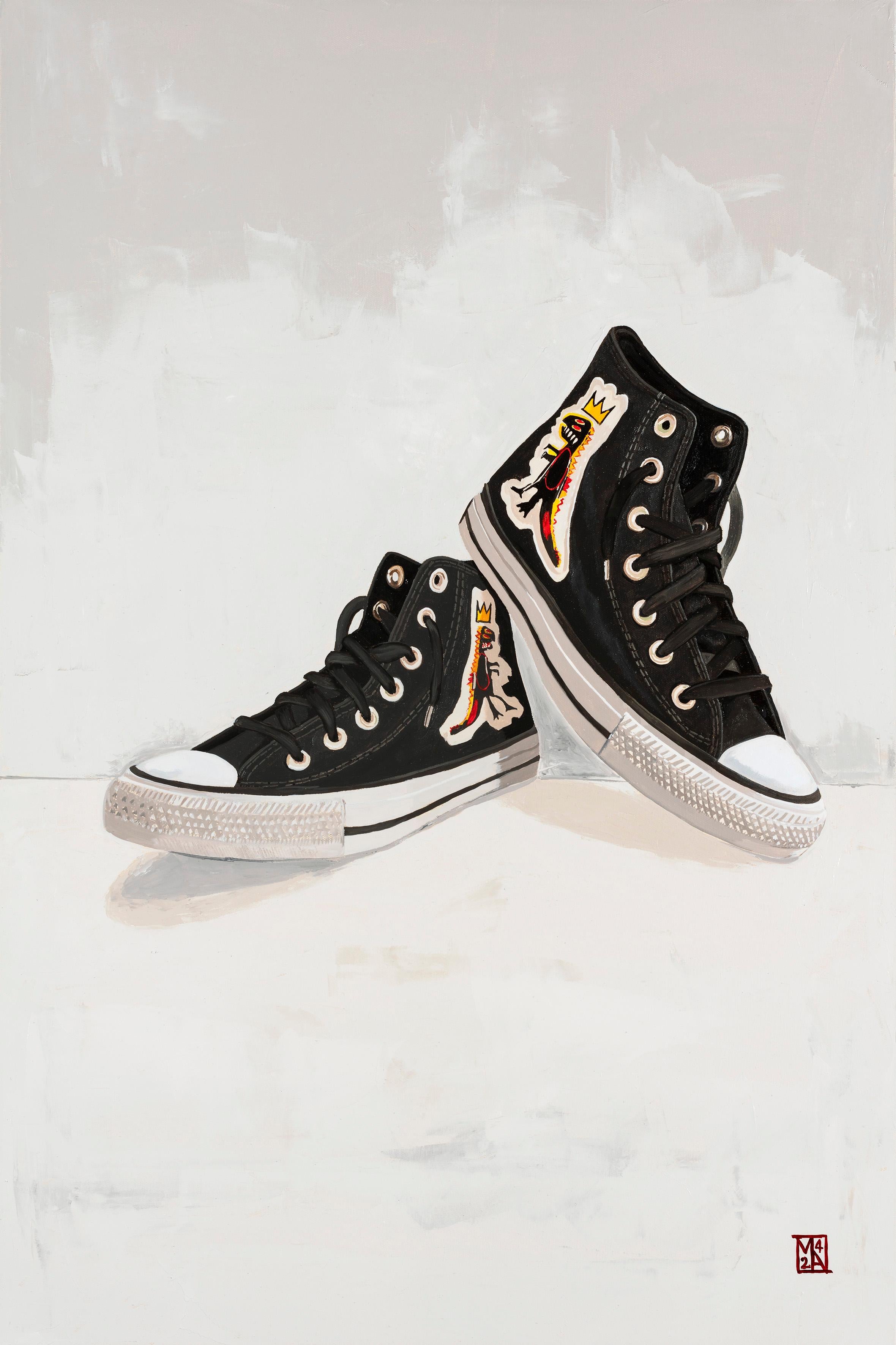 Der sechste in einer Serie von abgenutzten Chuck Taylor Basquiat Converse Trainern. Diesmal mit einem Paar meiner Converse Basquiat Turnschuhe. Unter dem Titel "Life Imitates Art III" zeigen diese Sneaker den klassischen Basquiat-Dinosaurier mit