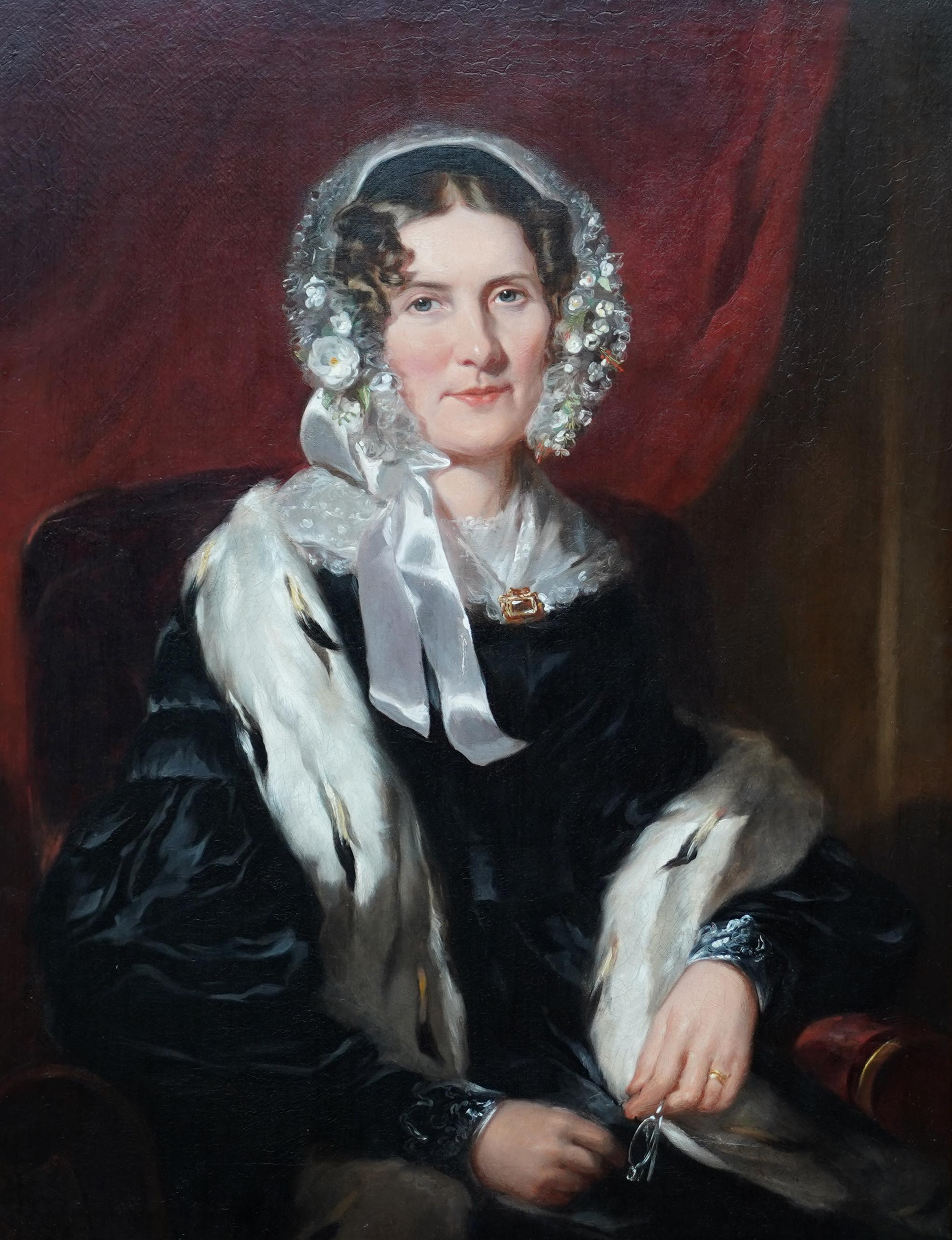 Portrait of Lady in Ermine Stole - British 19th century art female oil painting For Sale 6