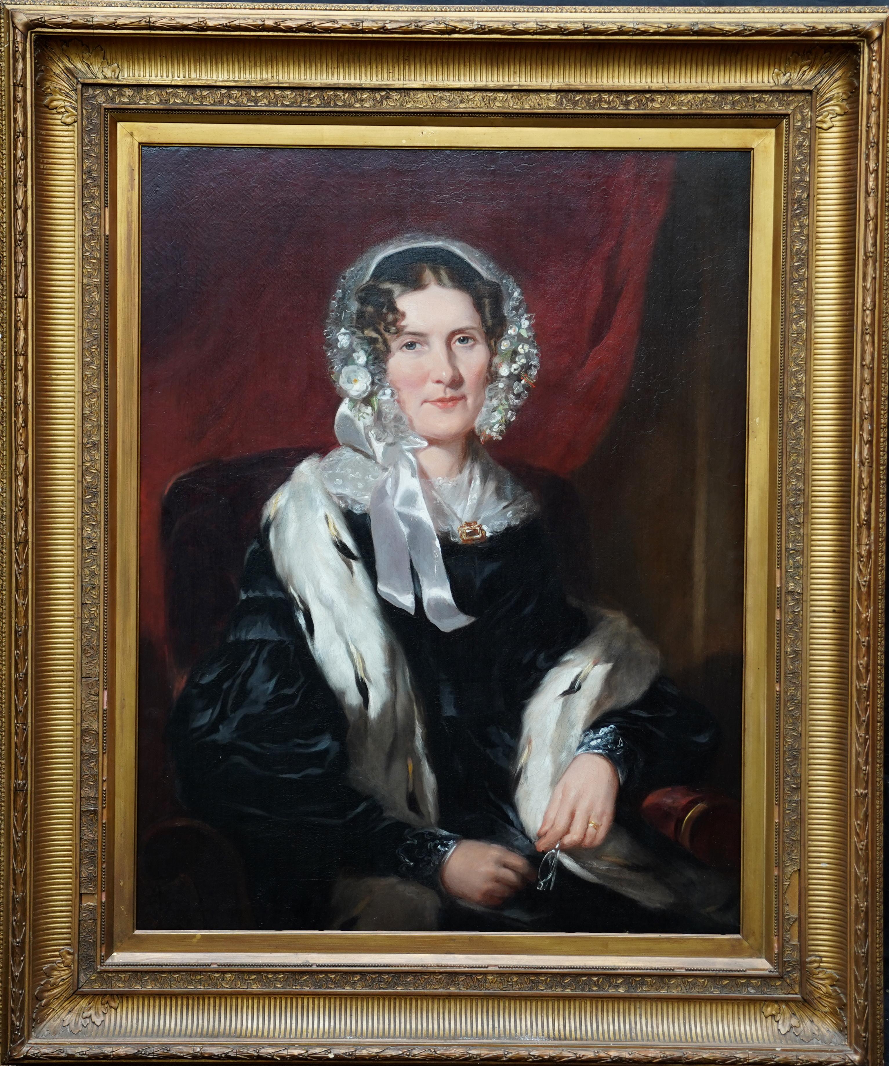 Portrait of Lady in Ermine Stole - British 19th century art female oil painting For Sale 7