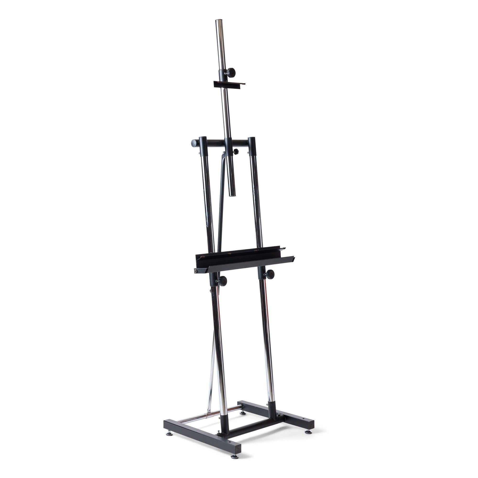 Black and chrome plated steel Easel. Fully adjustable and inclinable.