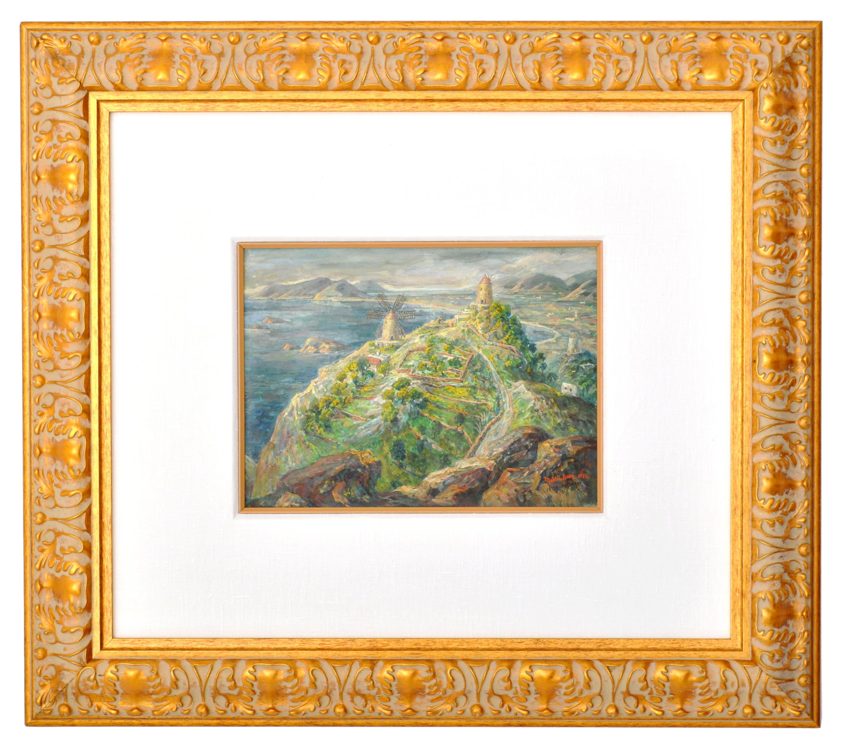 Antique American Expressionist Oil & Gouache Painting of Ibiza Martin Baer 1935 For Sale 2