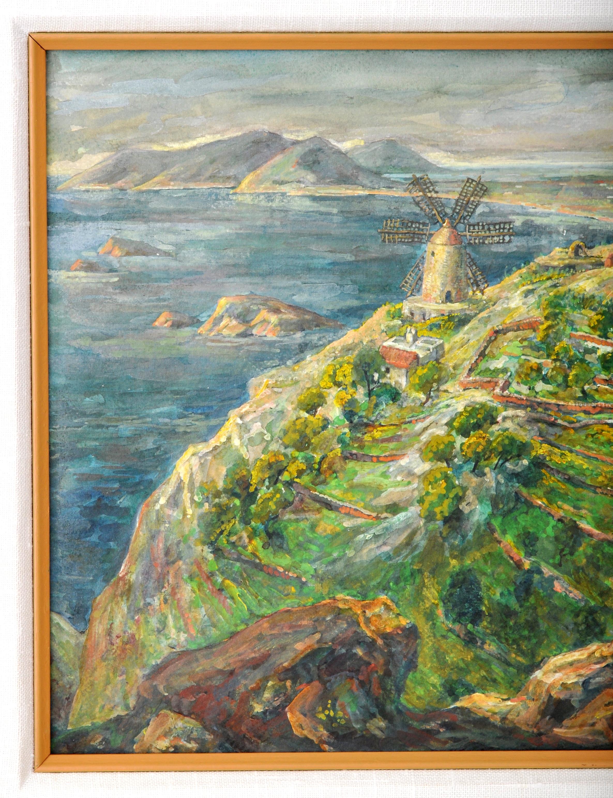 Antique American Expressionist Oil & Gouache Painting of Ibiza Martin Baer 1935 For Sale 3