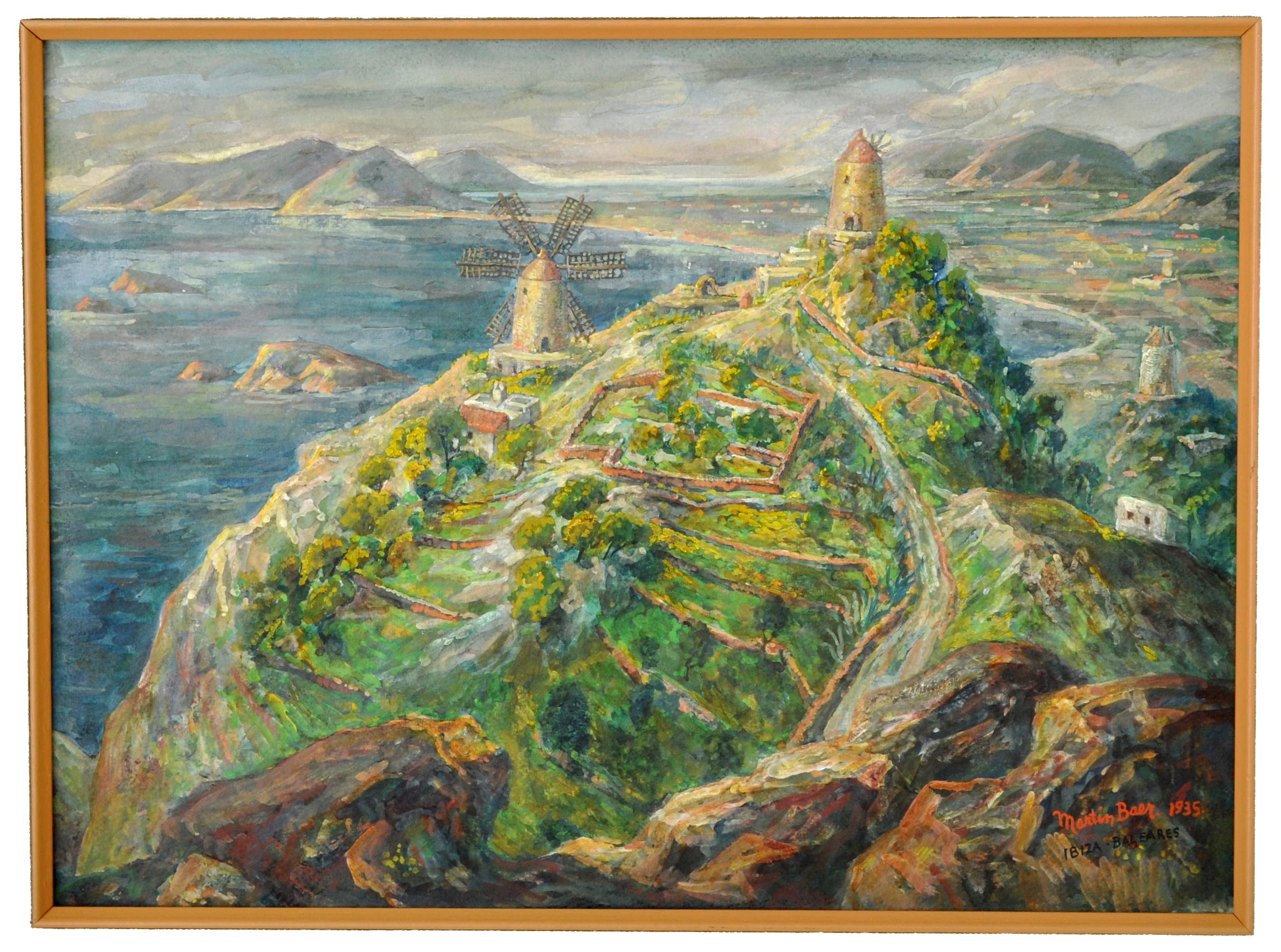 Antico dipinto espressionista americano a olio e guazzo di Ibiza Martin Baer 1935