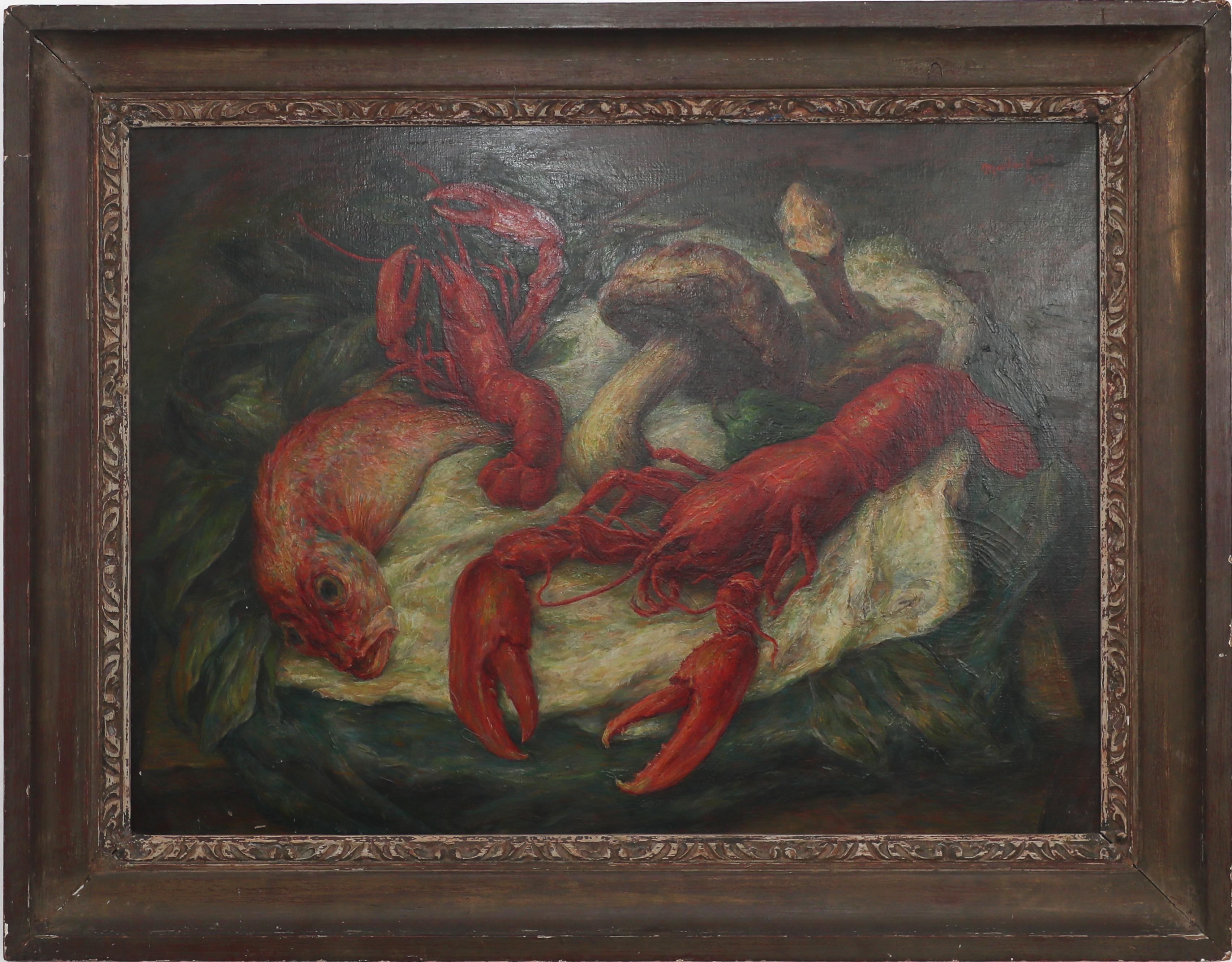 Martin Baer Still-Life Painting - Modernist French Style Lobster and Mushroom Still Life. Coastal Cuisine.