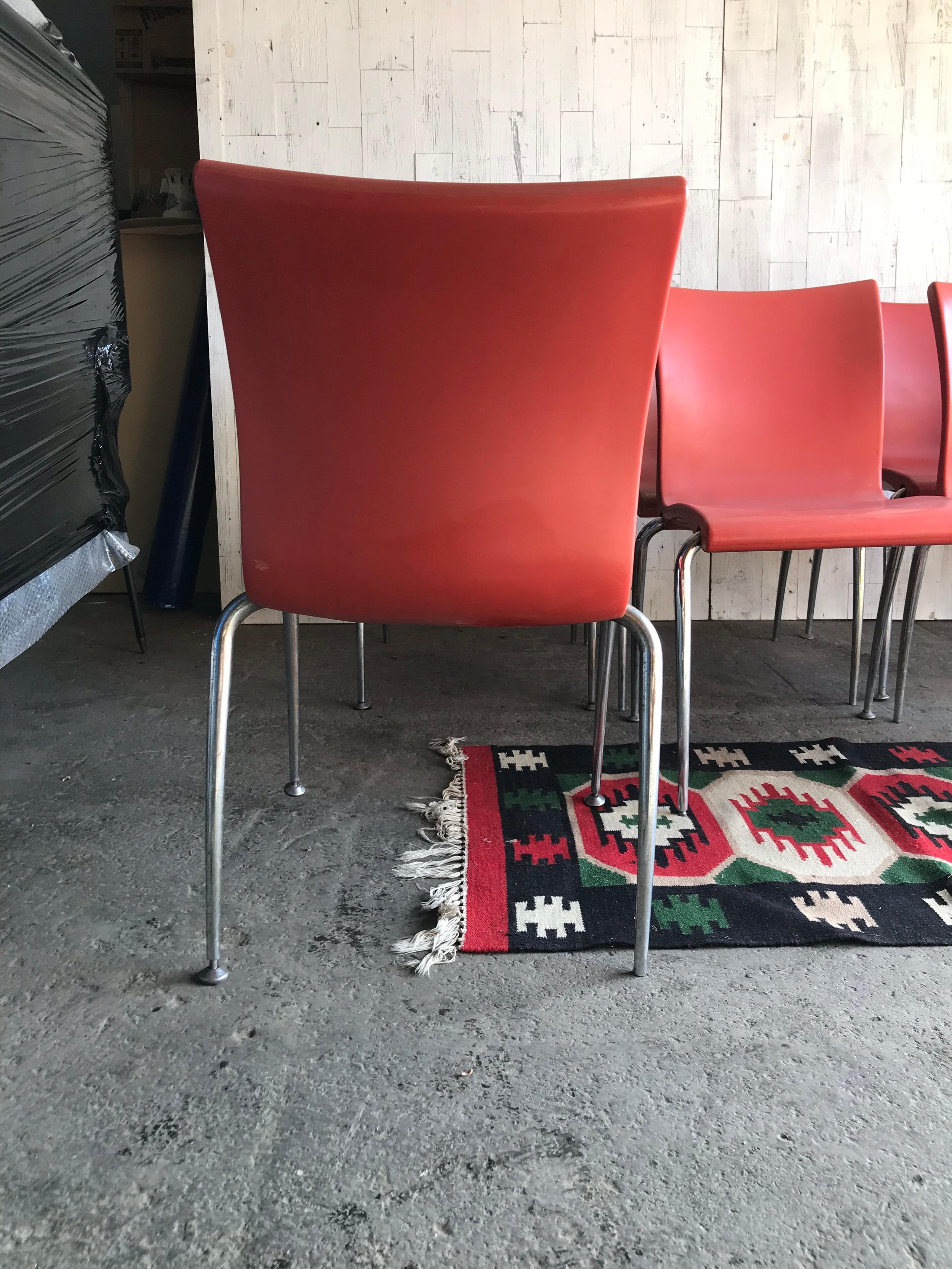 1998, Austria
8 chairs with a terracotta, polypropylene, seat and a metallic grey base, metal, with attractively formed legs.
Design from 1998 by Martin Ballendat (1958) for Wiesner Hager, Austria.
Ballendat is known for the Perillo chair (his
