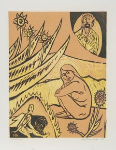 Heaven and Hell, Surrealist Nude Woodcut by Martin Barooshian