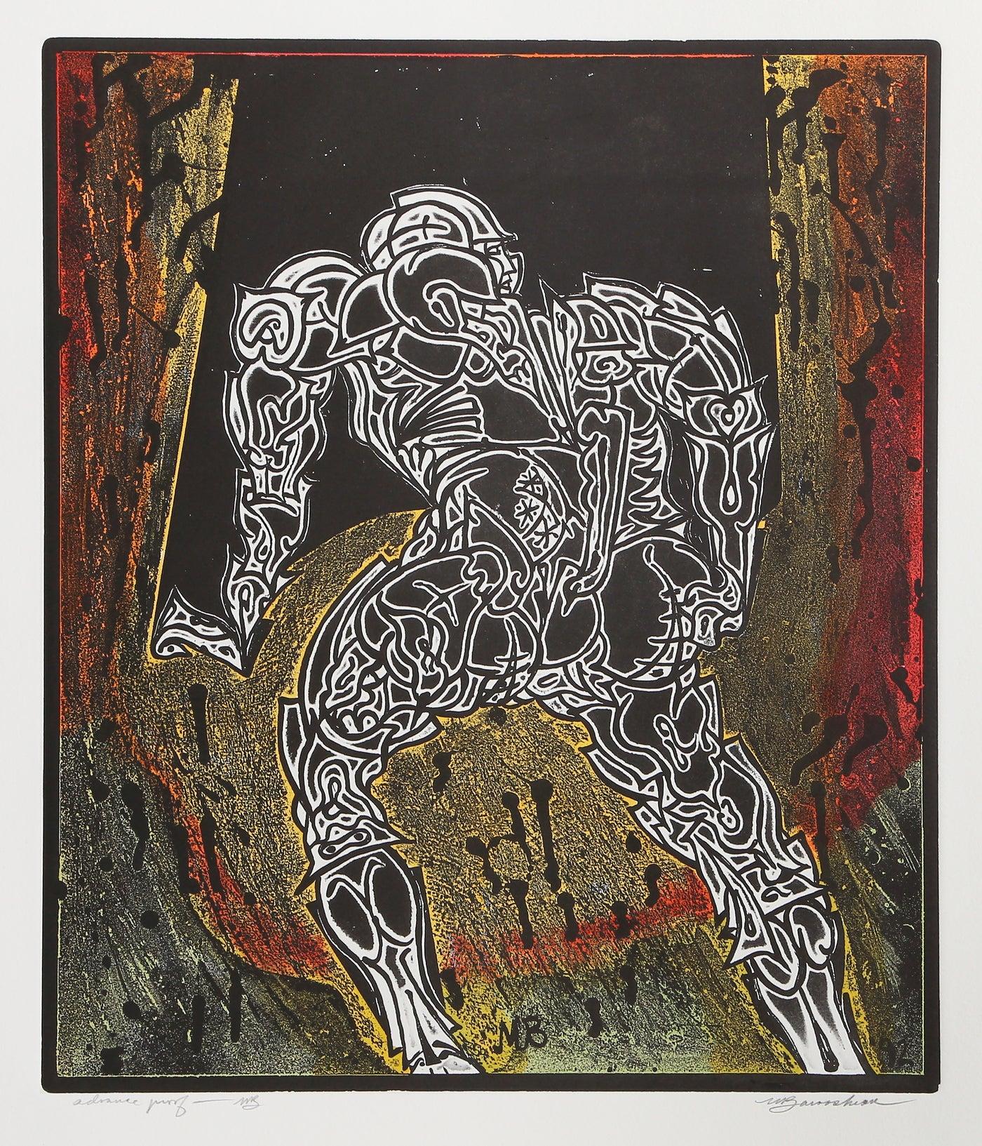 Linebacker
Martin Barooshian, Armenian/American (1929–2022)
Date: 1992
Etching and Aquatint on Johannot paper, signed and numbered in pencil
Edition of AP
Image Size: 17.25 x 14.75 inches
Size: 22.25 x 18 in. (56.52 x 45.72 cm)