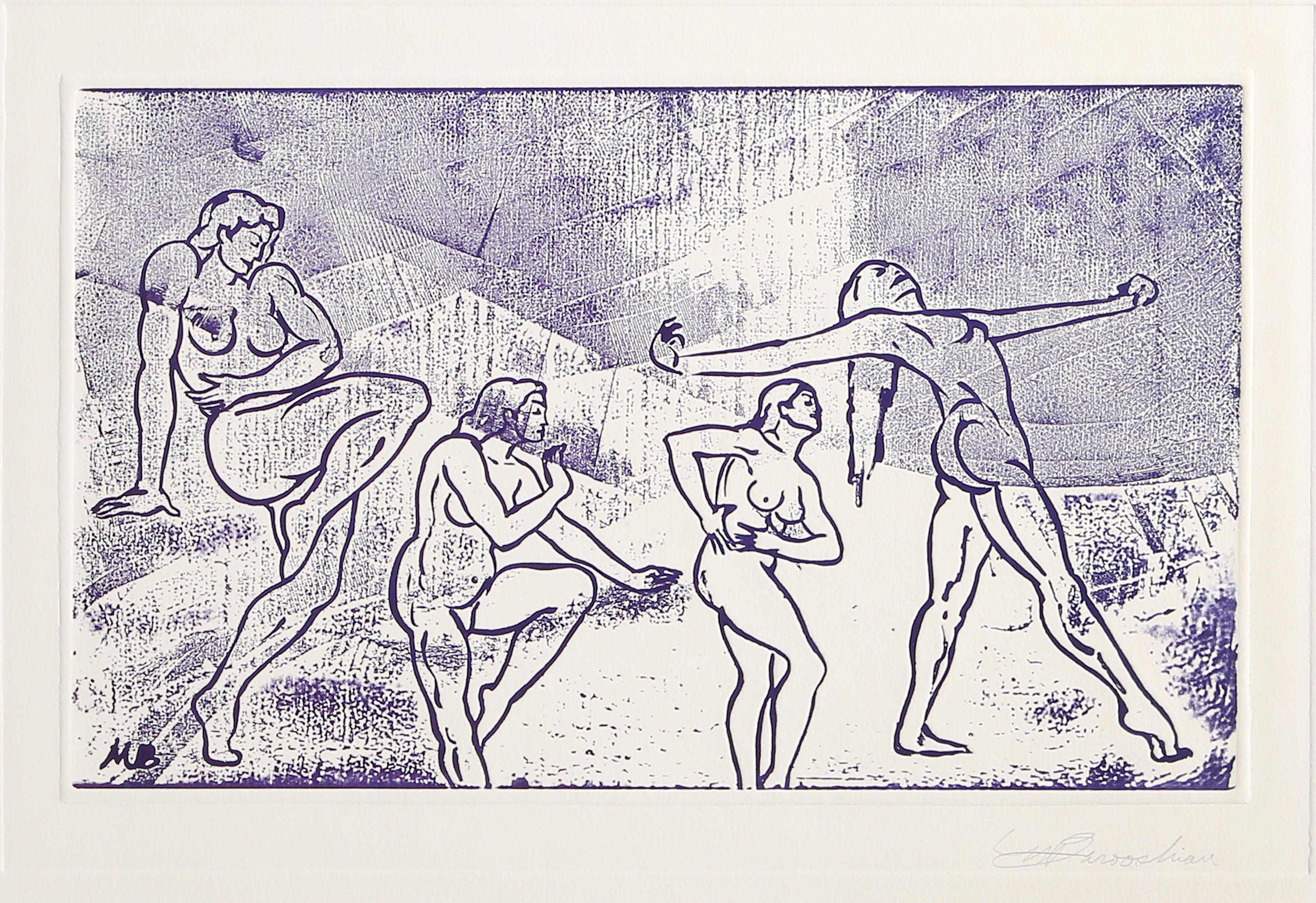 Estudio de figura desnuda, aguafuerte y aguatinta surrealistas de Martin Barooshian