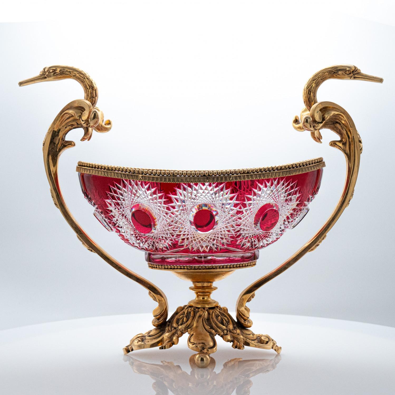Cuenco centro de mesa de cristal Martín Benito, rojo y bronce, París Francia Art Nouveau en venta