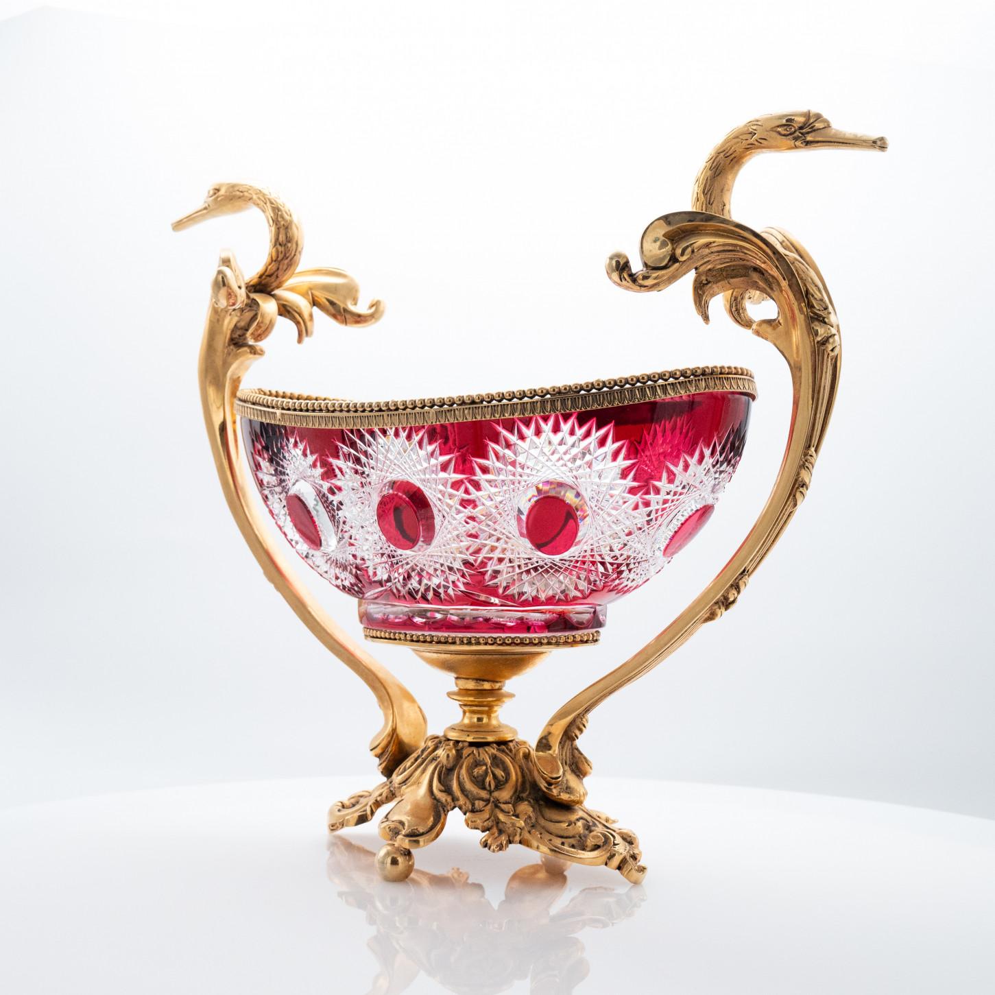 Cuenco centro de mesa de cristal Martín Benito, rojo y bronce, París Francia mediados del siglo XX en venta