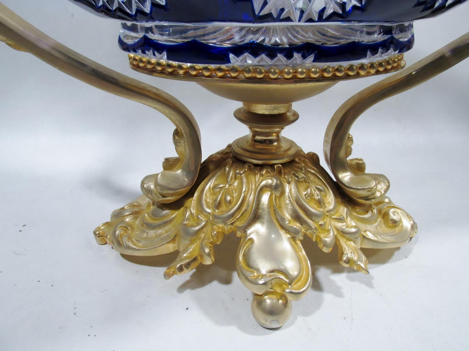 French Martin Benito France Centerpiece Cobalt Crystal Dore Bronze Swans