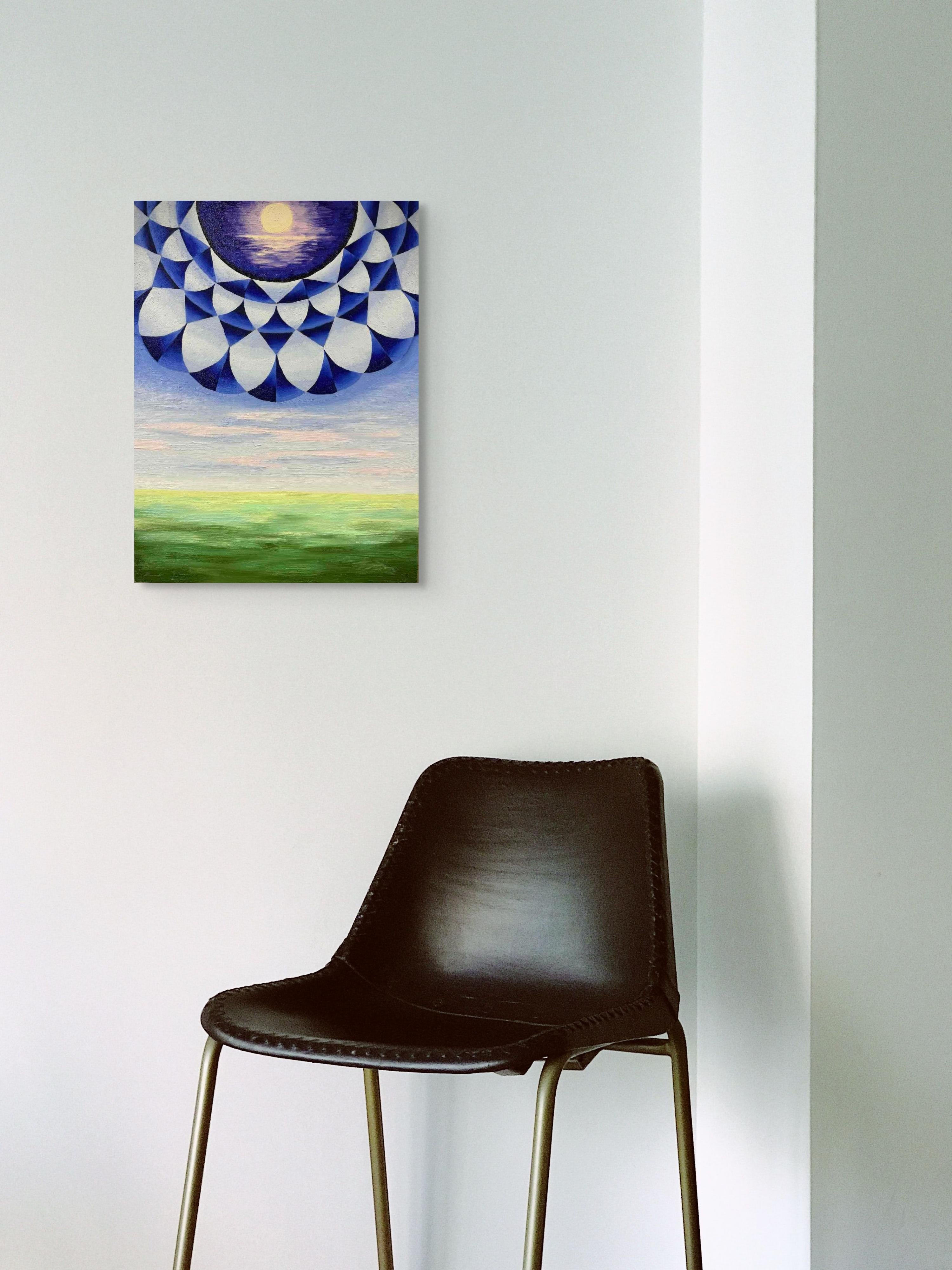 Good Day Moon, 24 x 18 pouces Mandala abstrait dans un paysage Peinture en média mixte - Painting de Martin Benson