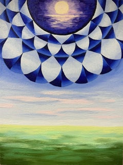 Good Day Moon, 24 x 18 pouces Mandala abstrait dans un paysage Peinture en média mixte