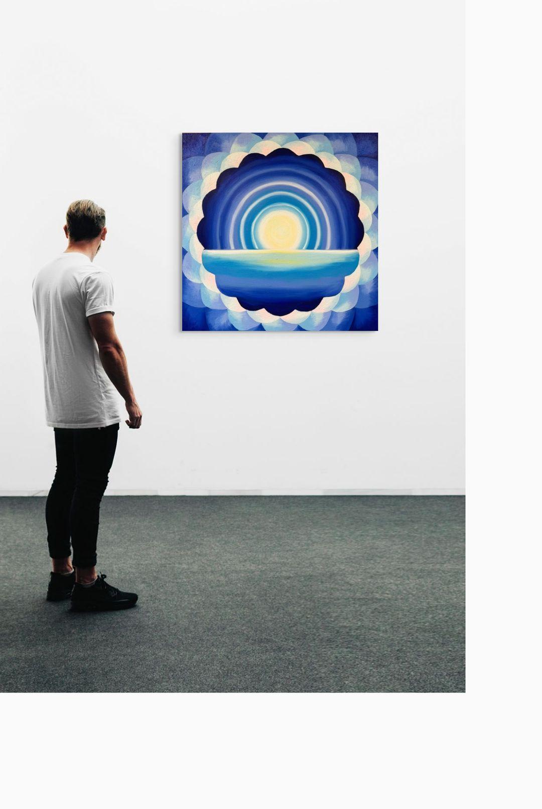 Lapis Light (2025) by contemporary artist Martin Benson is a meditative mixed media painting on canvas that blends oil paint, wax medium, and crushed gemstones—lapis lazuli, turquoise, and moonstone. The textured surface and concentric layers of