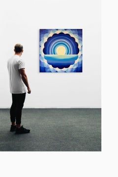 Lapis Light, Abstraktes blaues und gelbes Sunburst-Mandala-Gemälde, 36 x 36 Zoll