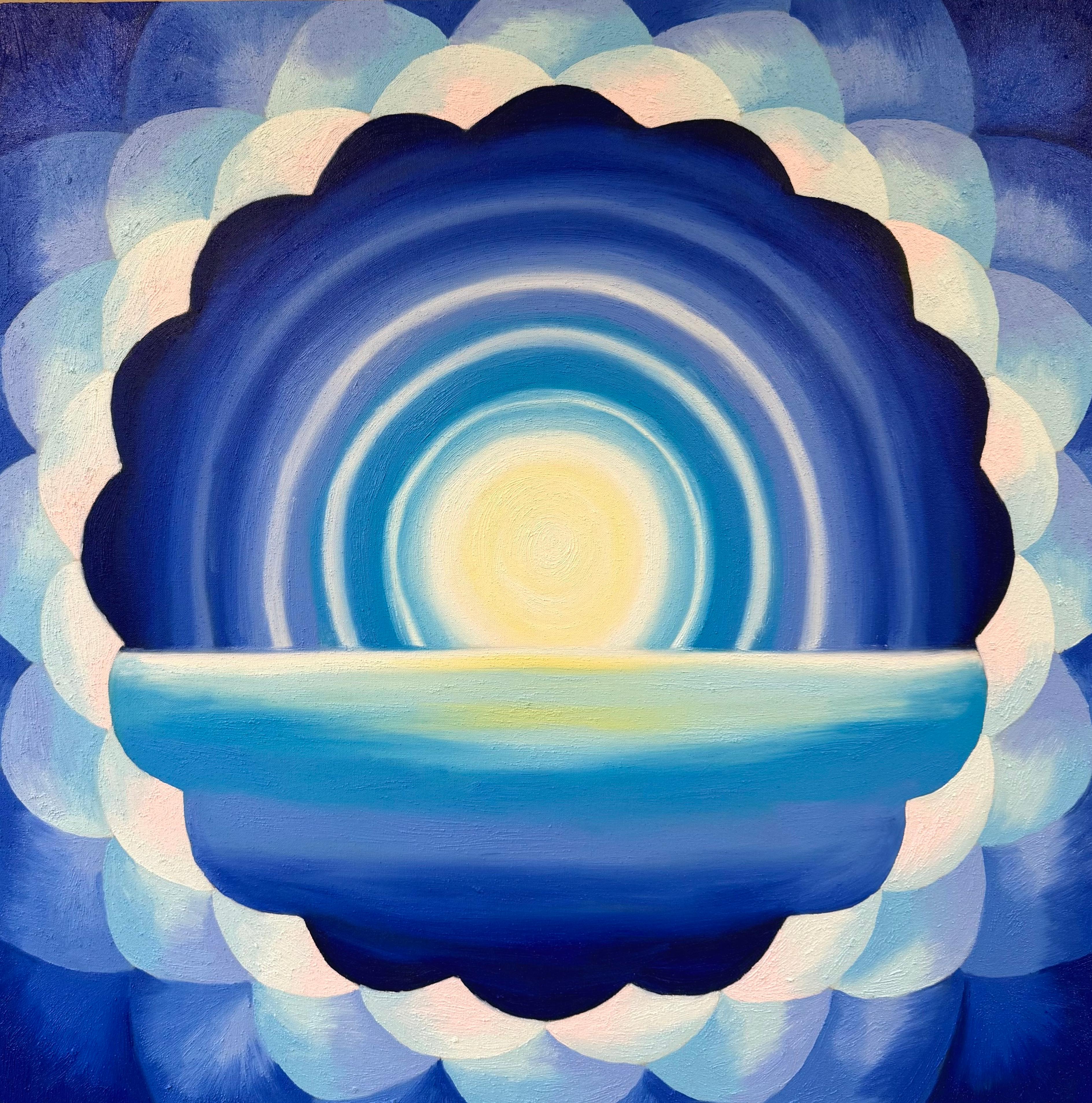 Martin Benson Abstract Painting - Lapis Light, Abstract Blue and Yellow Sunburst Mandala Painting, 36 x 36 inches