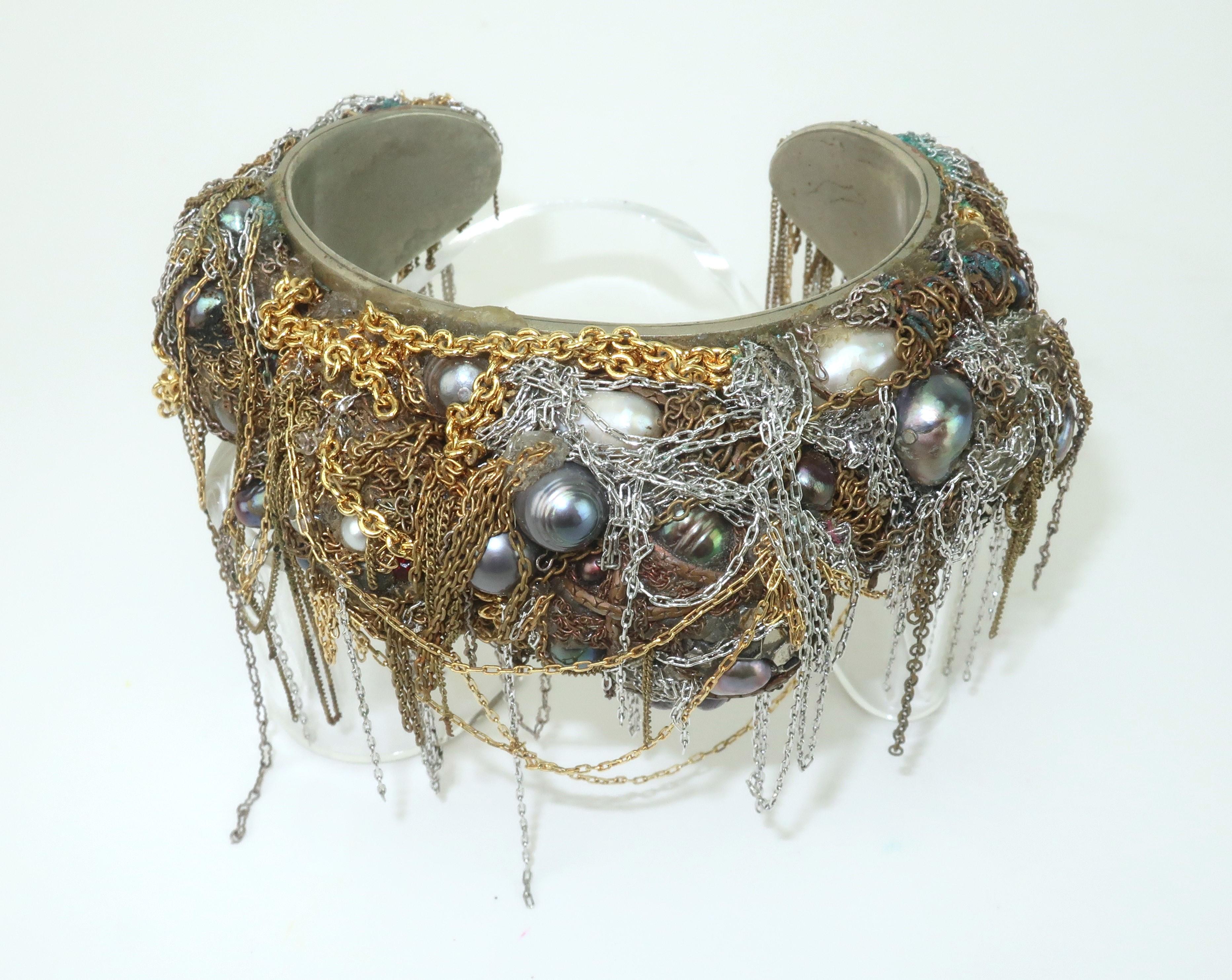 Martin BERNSTEIN - Bracelet manchette en métal mixte et perles de style brutaliste Bon état - En vente à Atlanta, GA