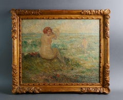 American School "Bather" Oil Painting on Wood Signed with Gilded Frame