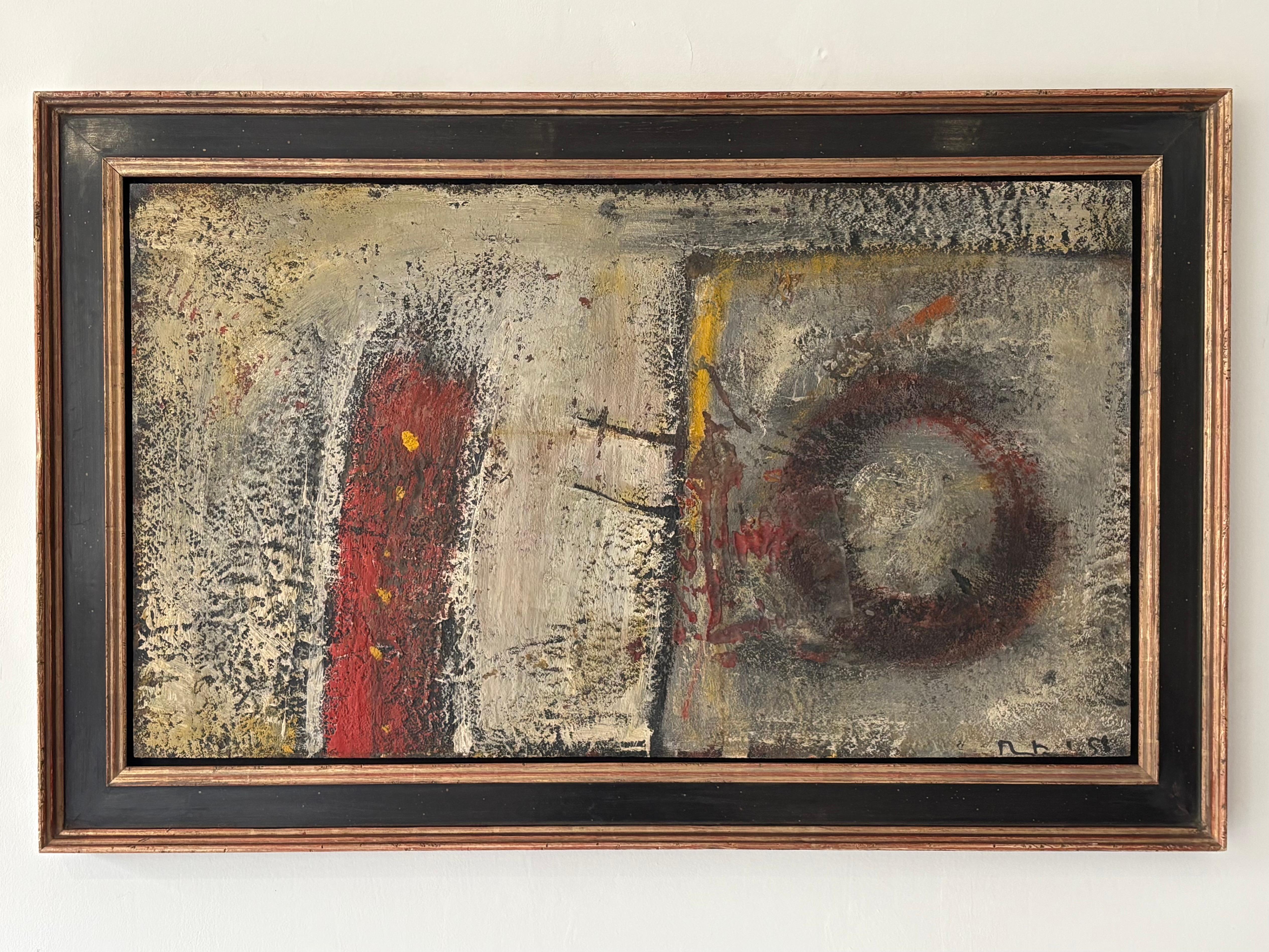 Martin Bradley (1931-2023) Inglese.  Composizione astratta, olio su tavola, firmata e datata 1958.
Martin Bradley ha esposto alla Gallery one,  la galleria Redfern e la galleria Paisnel di Londra.  È noto per le sue opere astratte e simboliche,