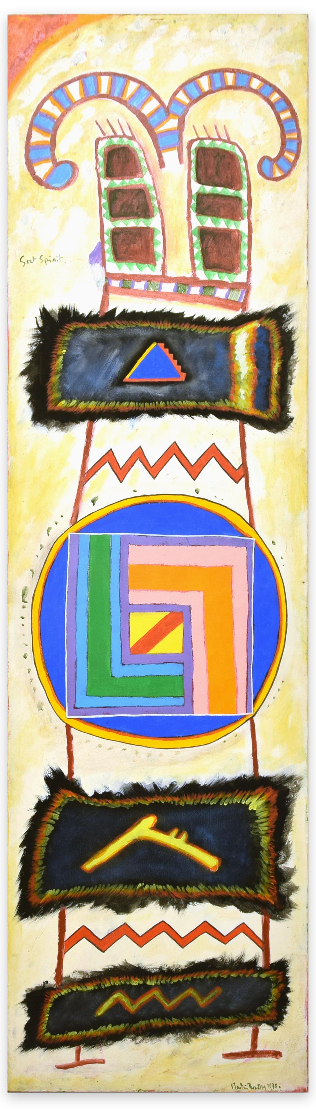 Goat Spirit is a colorful original painting realized in 1978 by the English artist Martin Bradley (born 1931).

A surprising oil painting (oil, ink, acrylic, stretched with the spatula), signed and dated on lower right margin. 

A beautiful totem