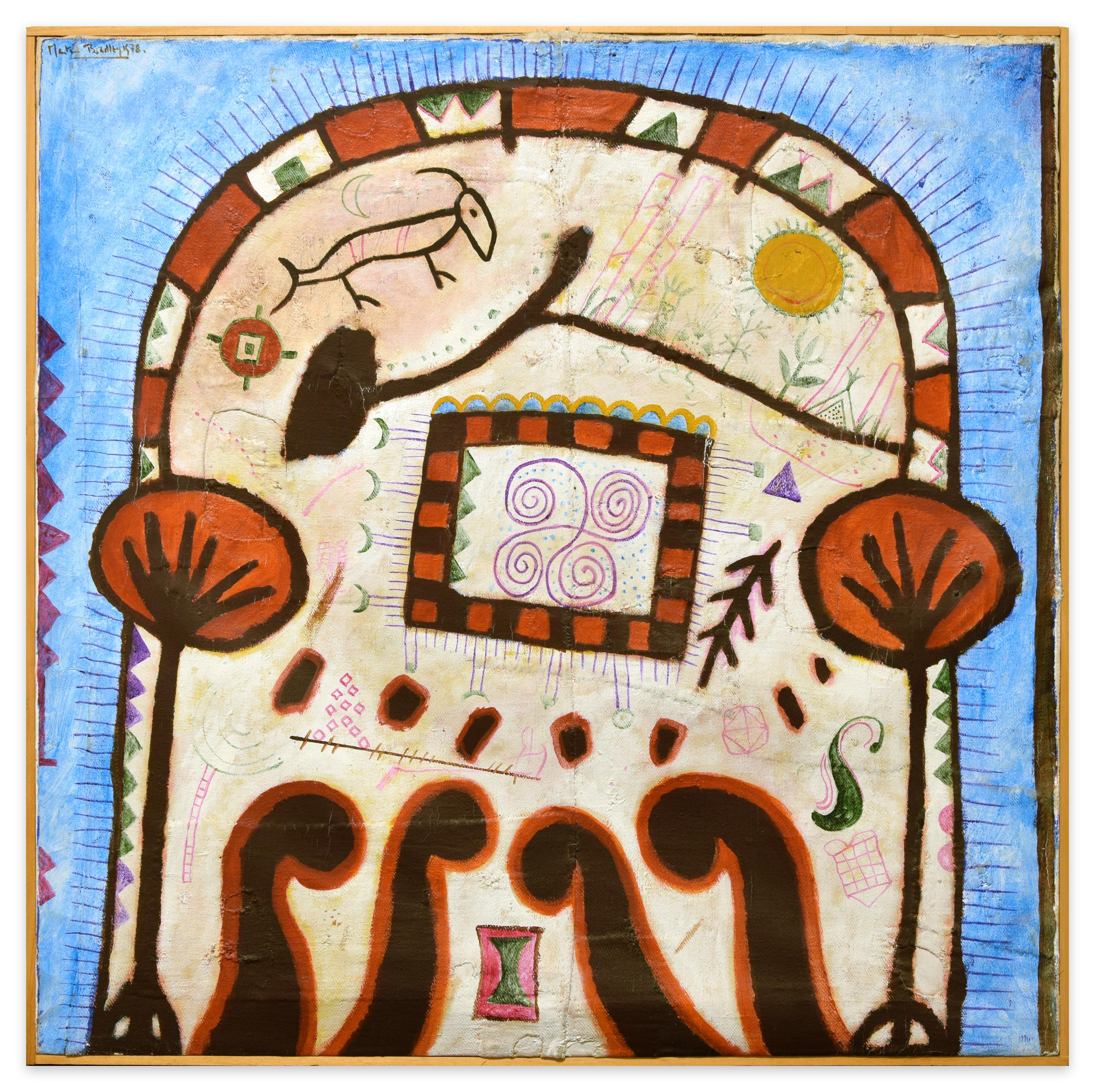 Rocky art is an original painting realized in 1978 by the English artist Martin Bradley (born 1931).

An amazing oil painting and China ink on canvas, signed and dated on the higher left margin. Untitled.

A sort of square totem, representing a