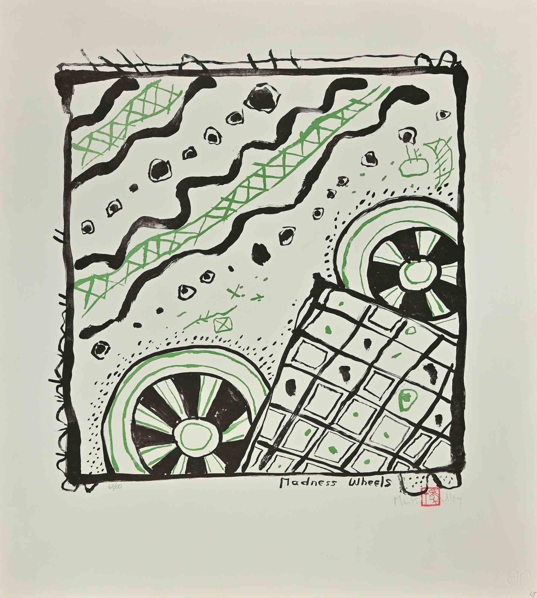 Madness Wheels is an artwork realized by the English artist Martin Bradley.

Lithograph on paper, hand-signed, titled on the lower right corner "Madness Wheels",  "Martin Bradley", numbered on the left margin ex. 48/50.

Good conditions.

Martin