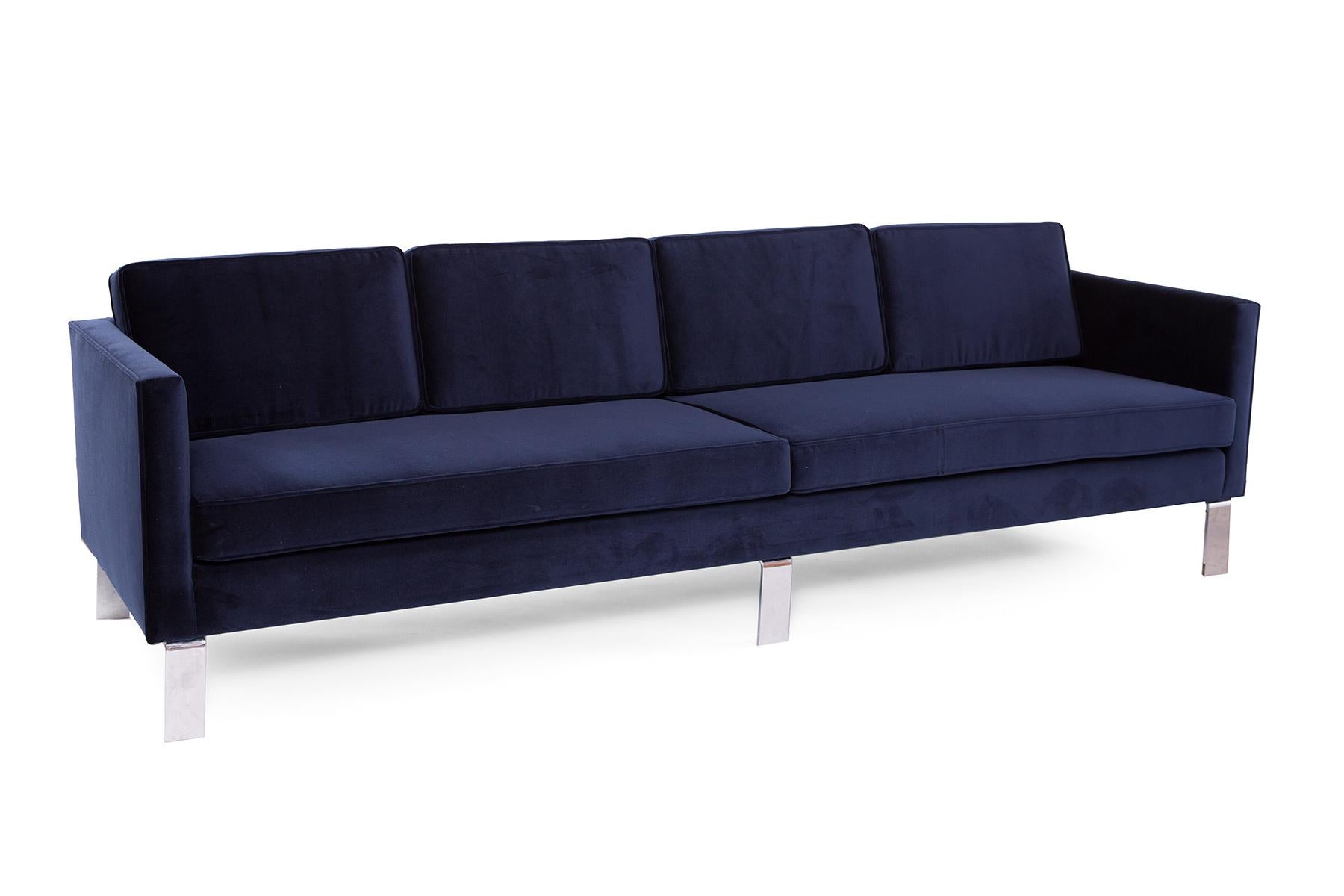 Martin Brattrud large scale navy mohair and mirror polished steel sofa circa mid-1970s. This example has been recently reupholstered.