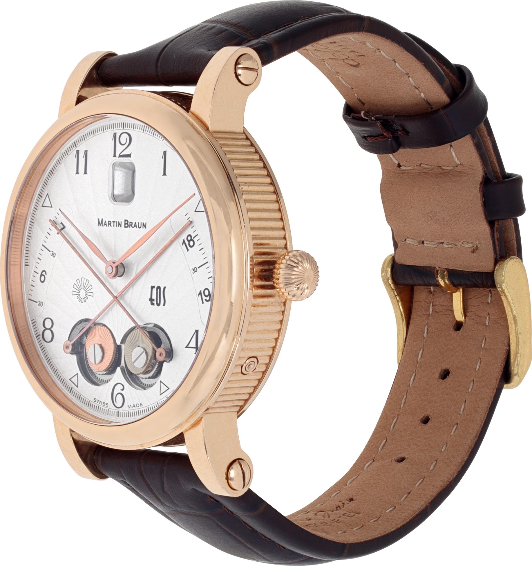 Seltene Martin Braun EOS Sunrise / Sunset Mexico in 18 Karat Roségold mit braunem Alligatorlederband und Dornschließe mit Plakette. Die Uhr ist für Mexiko eingestellt, kann aber für jedes Land eingestellt werden. Automatik mit Datum. 42 mm