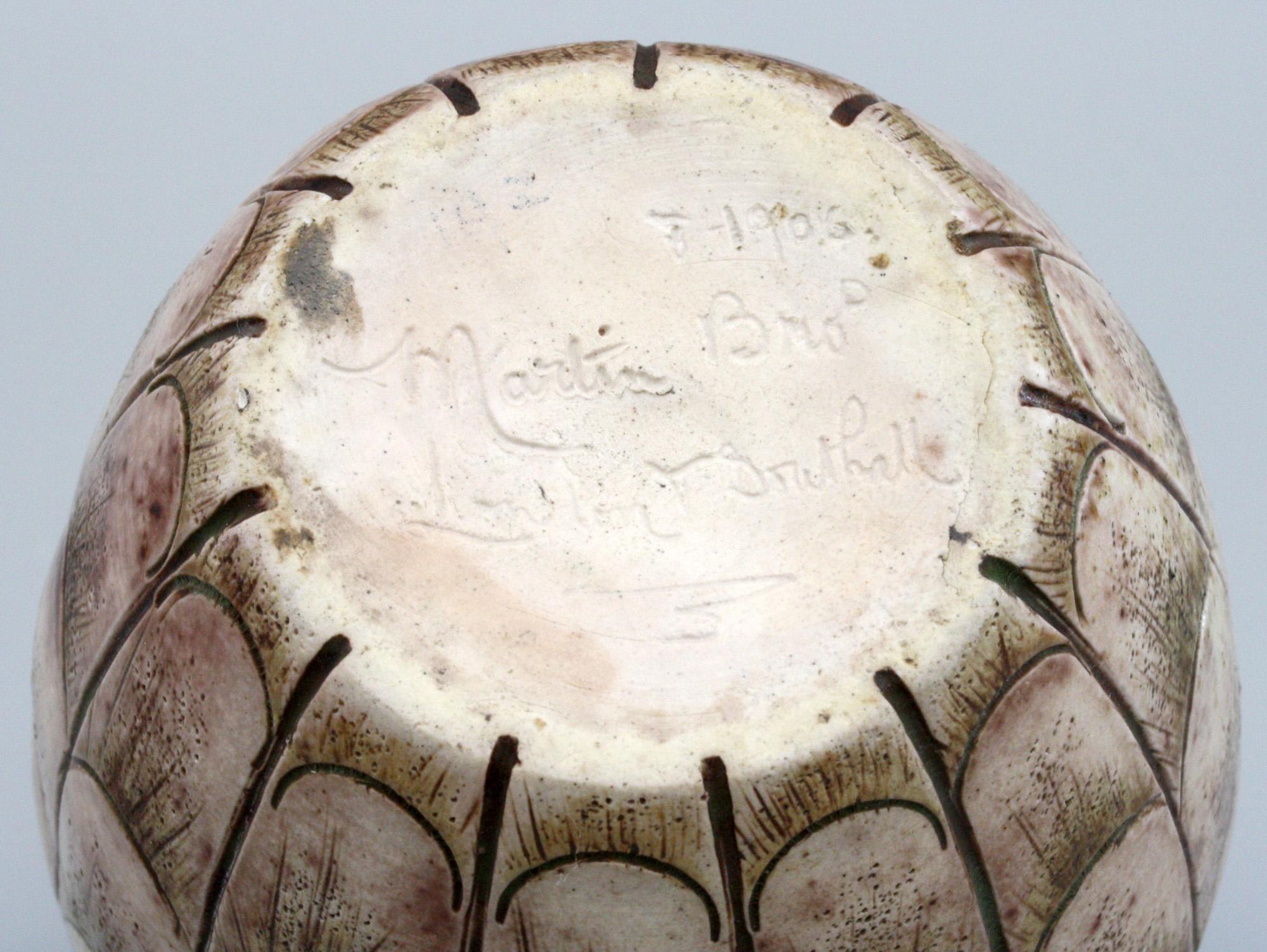 English Martin Brothers Art Pottery Stylised Incised Leaf Pattern Vase Dated 1906