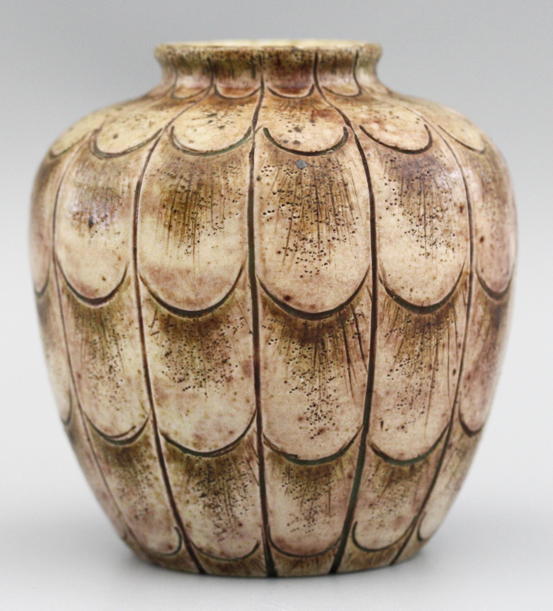 Early 20th Century Martin Brothers Art Pottery Stylised Incised Leaf Pattern Vase Dated 1906
