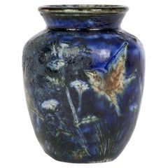 Martin Brothers Blue Glazed Art Pottery Vase with Birds Dated 1897