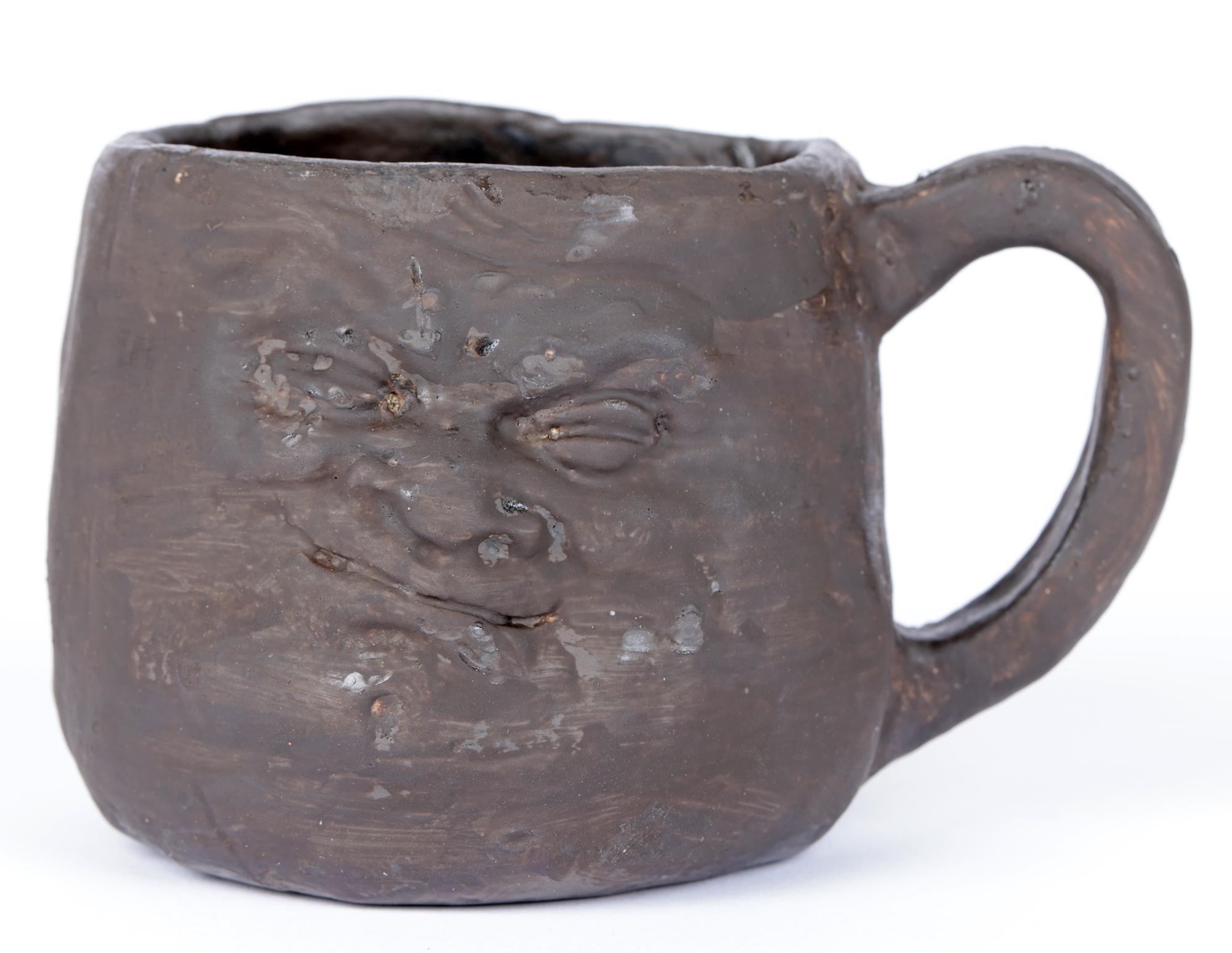 19th Century Martin Brothers Early Unglazed Black Pottery Double Face Mug For Sale