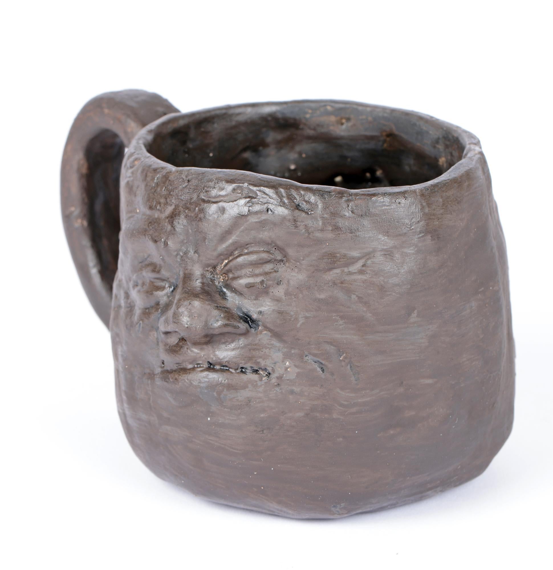 Martin Brothers Early Unglazed Black Pottery Double Face Mug For Sale 2