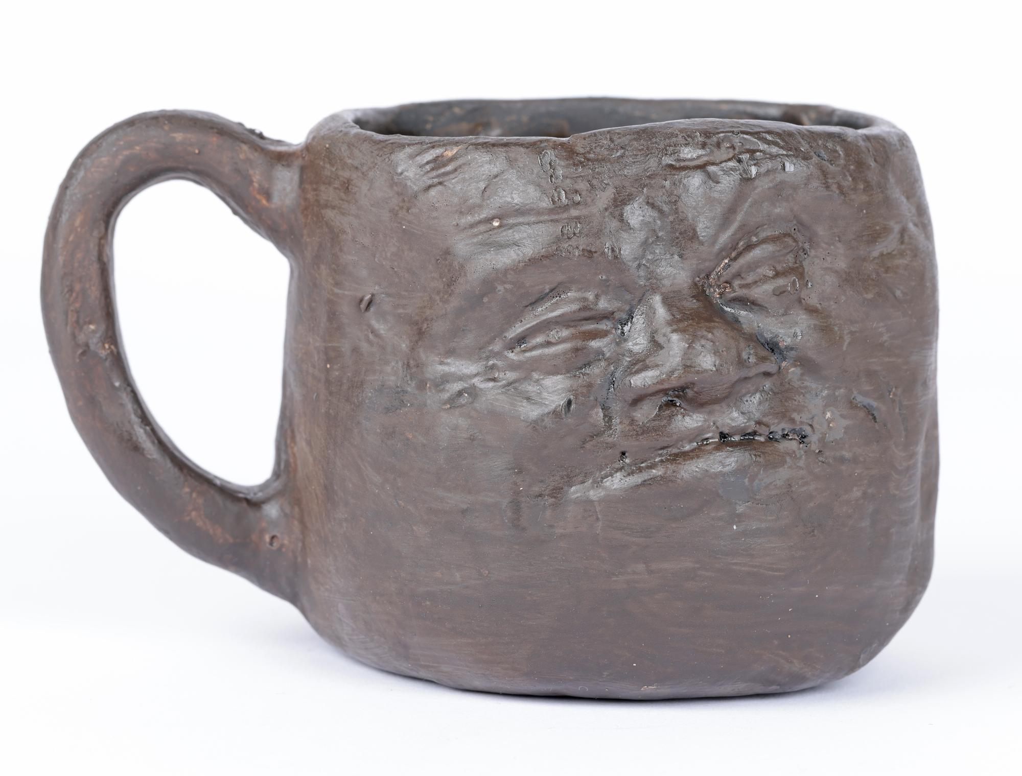 Martin Brothers Early Unglazed Black Pottery Double Face Mug For Sale 7