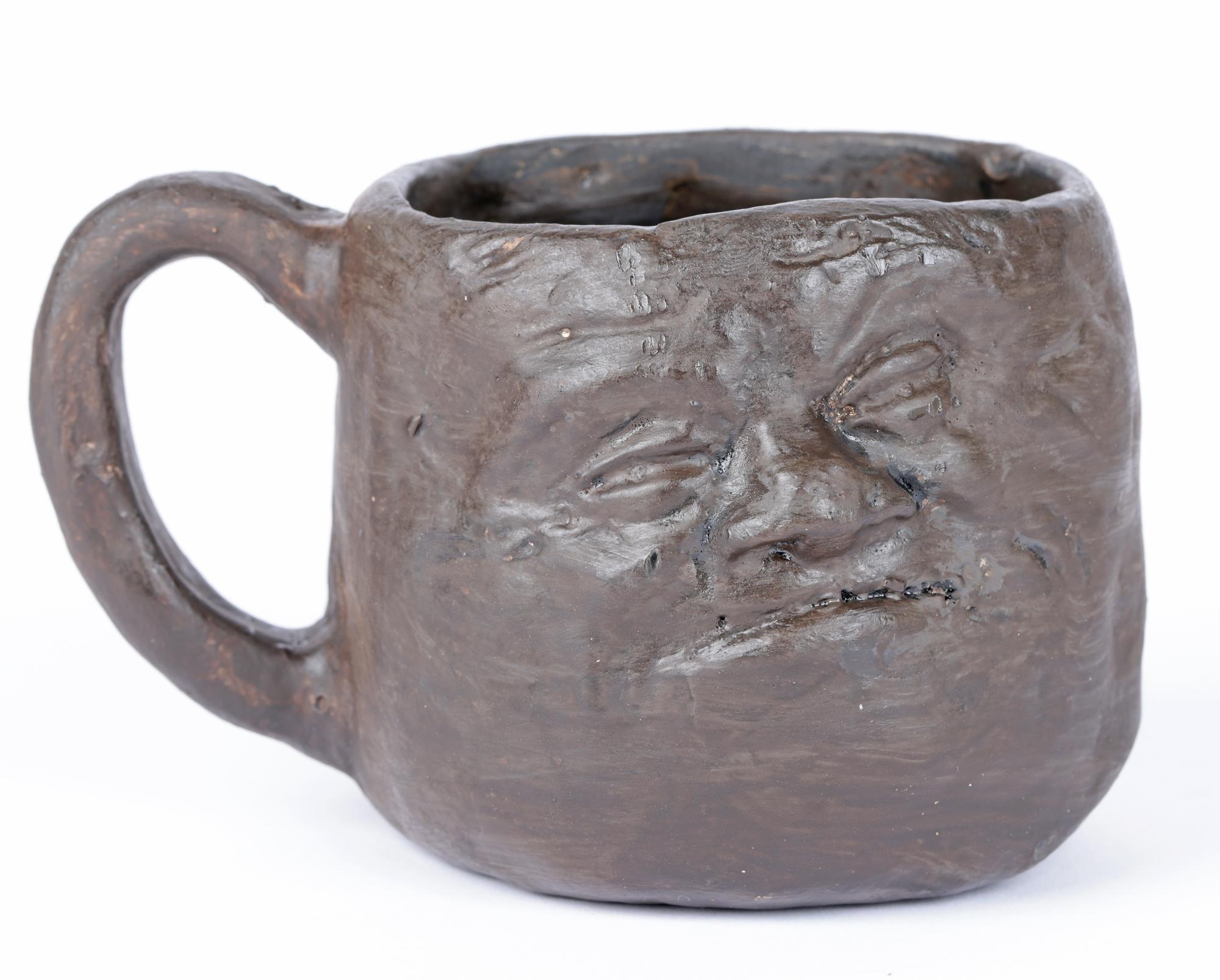 Hand-Crafted Martin Brothers Early Unglazed Black Pottery Double Face Mug For Sale