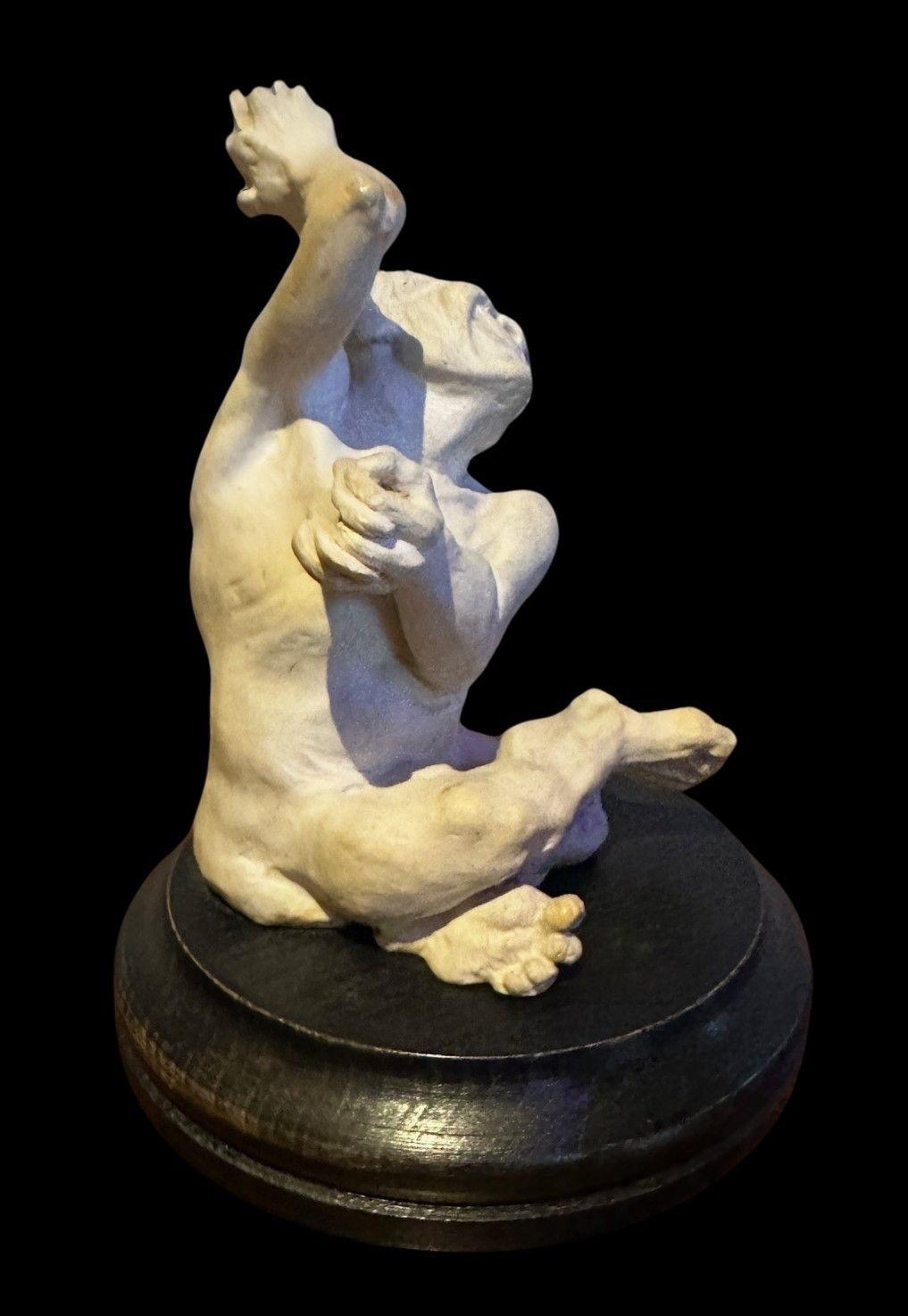 5464
Robert Wallace Martin for the Martin Brothers. A Musician Imp modelled playing the Blocks on a later Wooden Base (loose)
Crack across the forearm
14.5cm high
Circa 1906
Illustrated in Coleman’s Book “The Best of British Art Pottery”