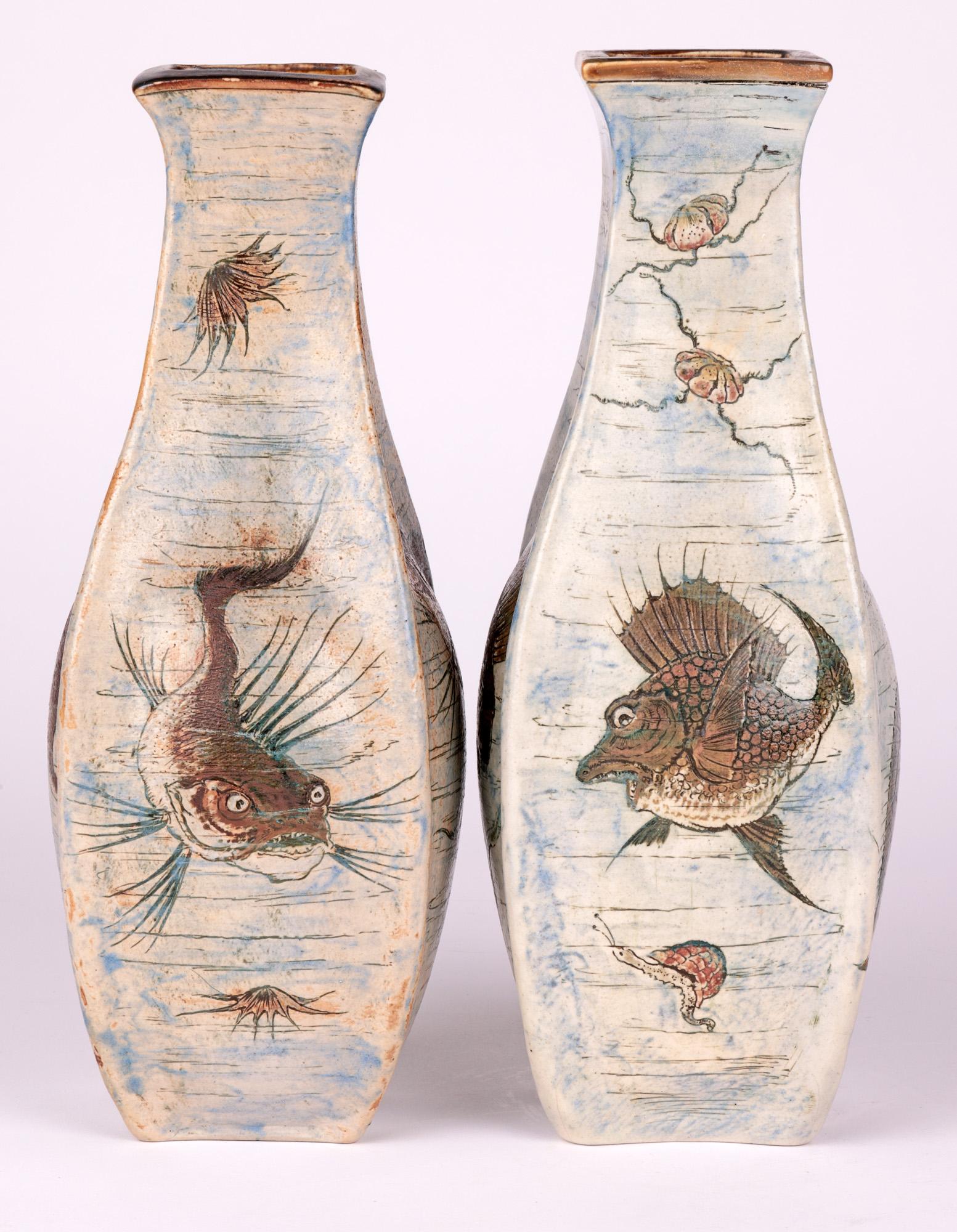 Martin Brothers Pair Stoneware Aquatic Vases 1899 4