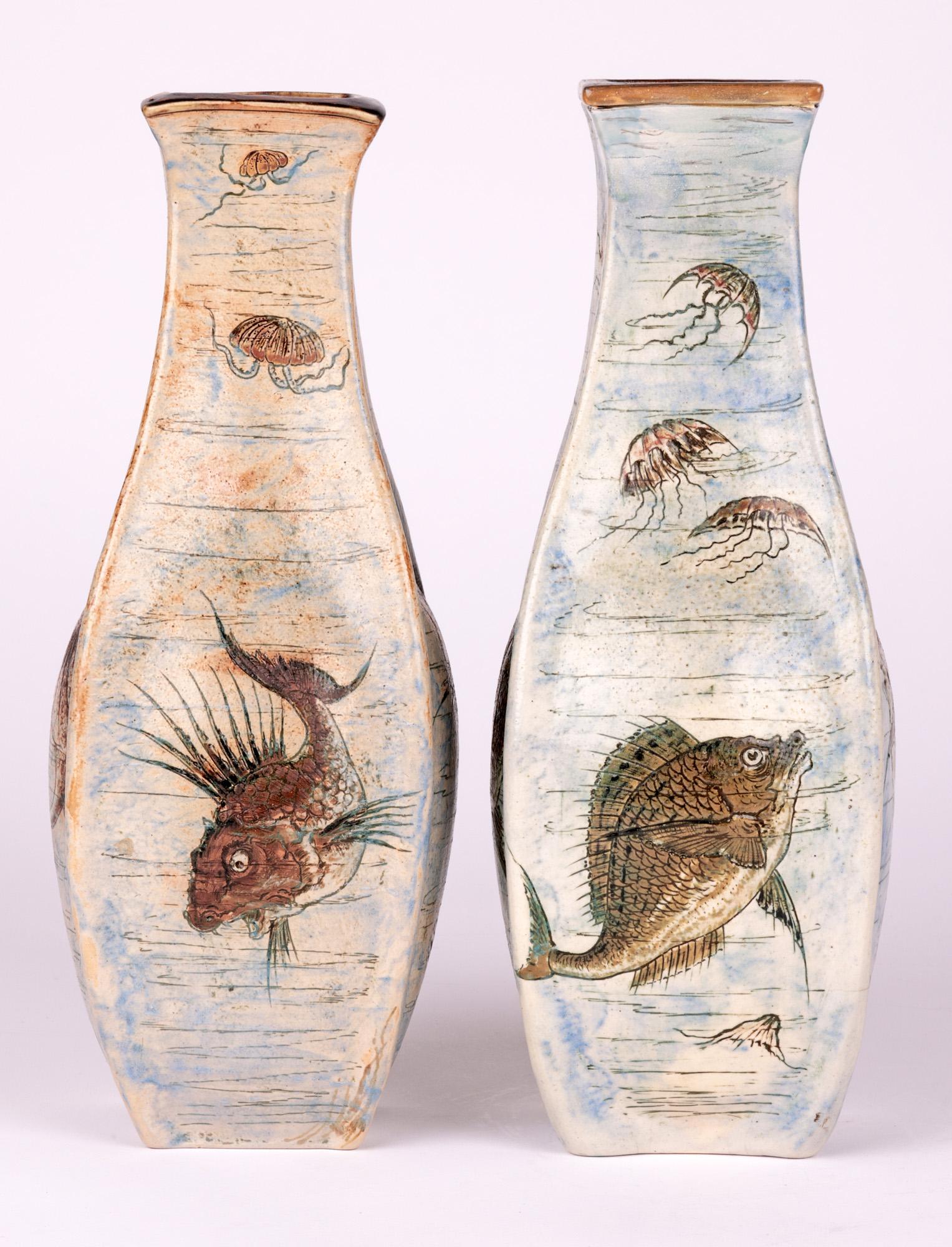 Martin Brothers Pair Stoneware Aquatic Vases 1899 6