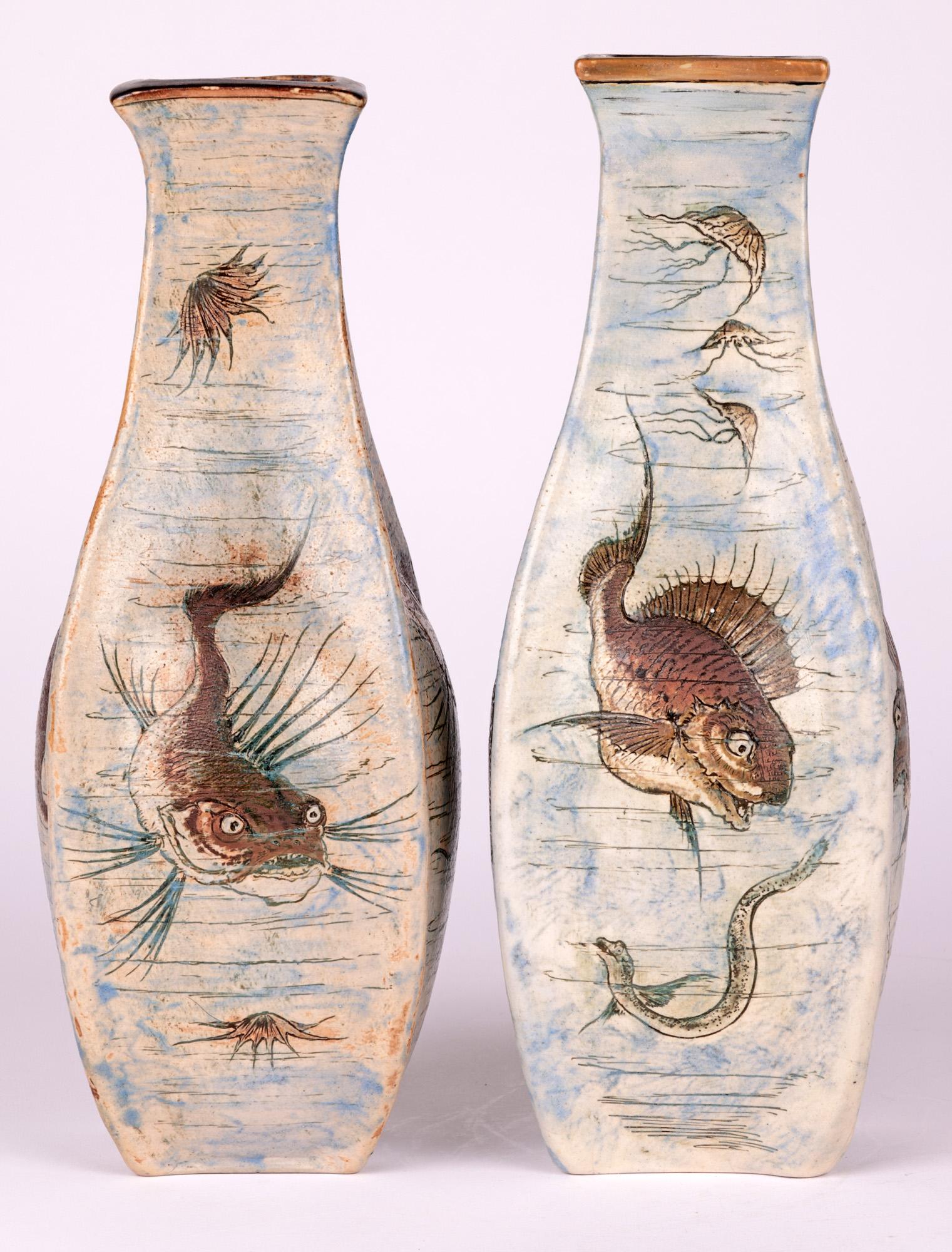 Martin Brothers Pair Stoneware Aquatic Vases 1899 9
