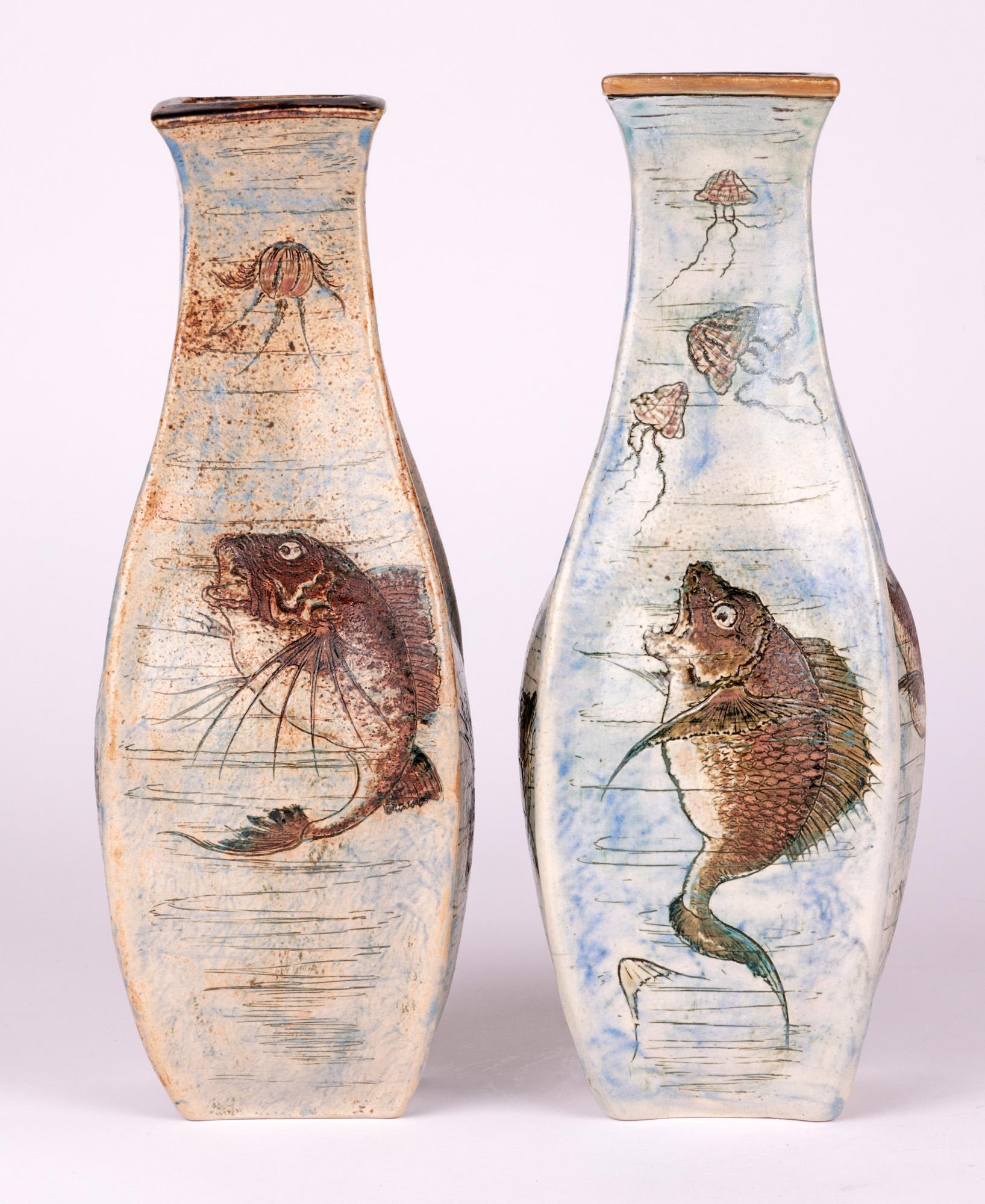 Martin Brothers Pair Stoneware Aquatic Vases 1899 12