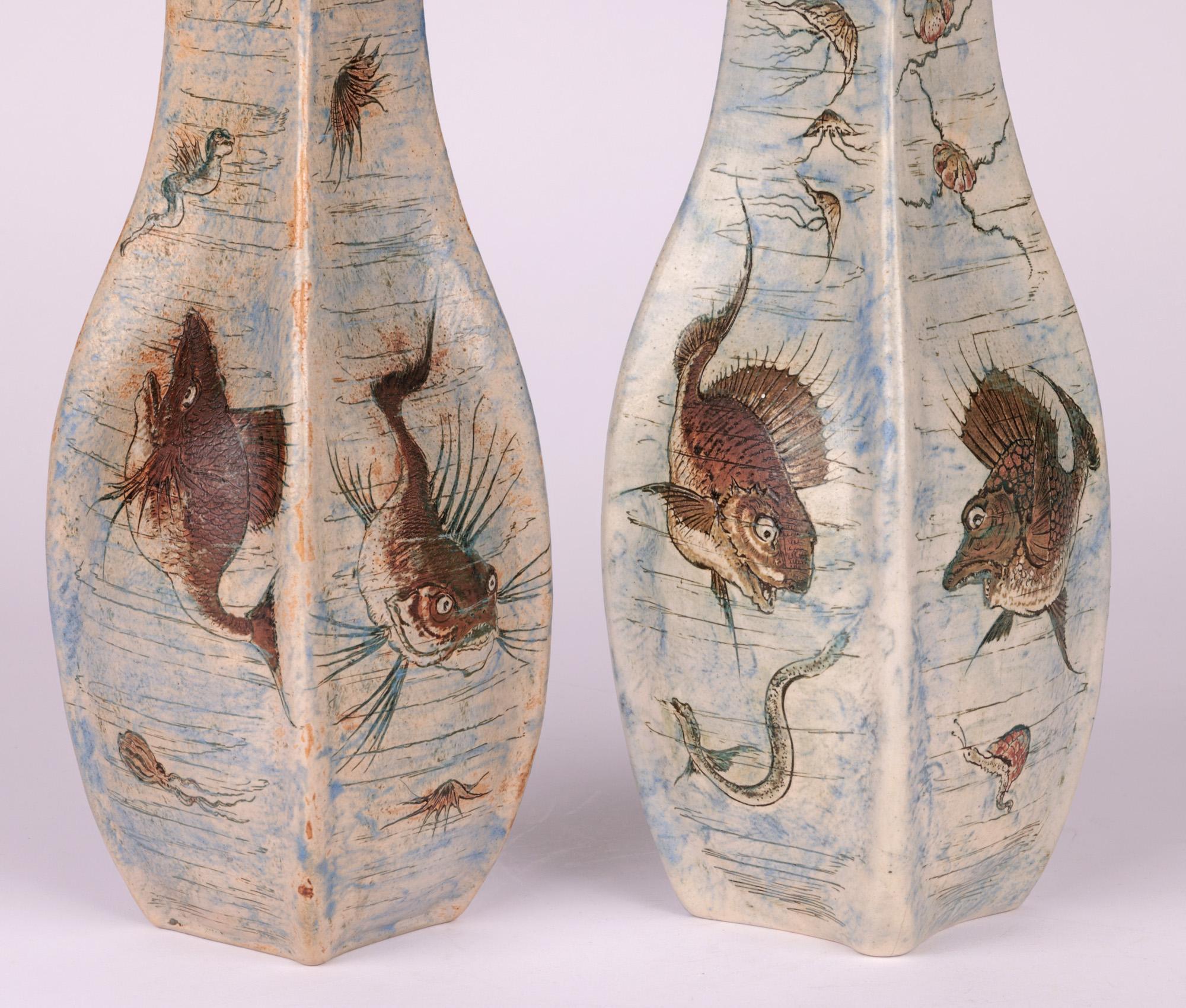 English Martin Brothers Pair Stoneware Aquatic Vases 1899