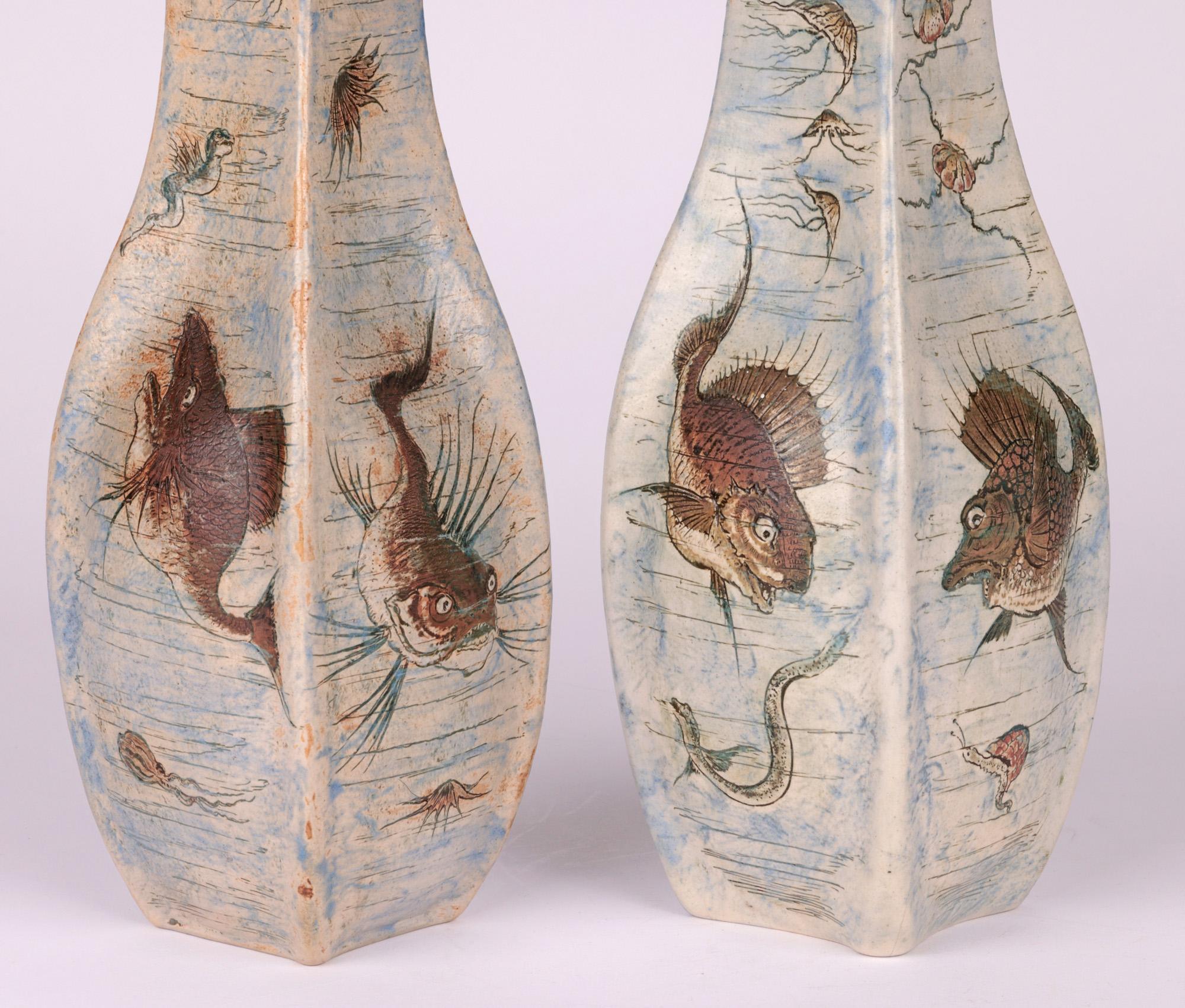 Glazed Martin Brothers Pair Stoneware Aquatic Vases 1899