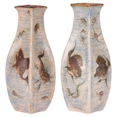 Martin Brothers Pair Stoneware Aquatic Vases 1899