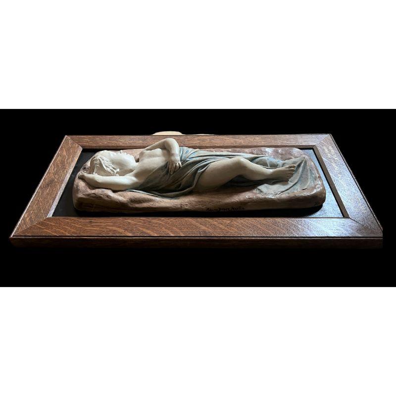 Edwin and Robert Wallace Martin Plaque modelled as a sleeping boy draped in a sheet.

Tiled “He rests, he sleeps, nor dreams of any harm”

Signed by the Brothers

Firing crack to side

Circa 1880

Dimensions: 41cm high, 16cm wide

Complimentary