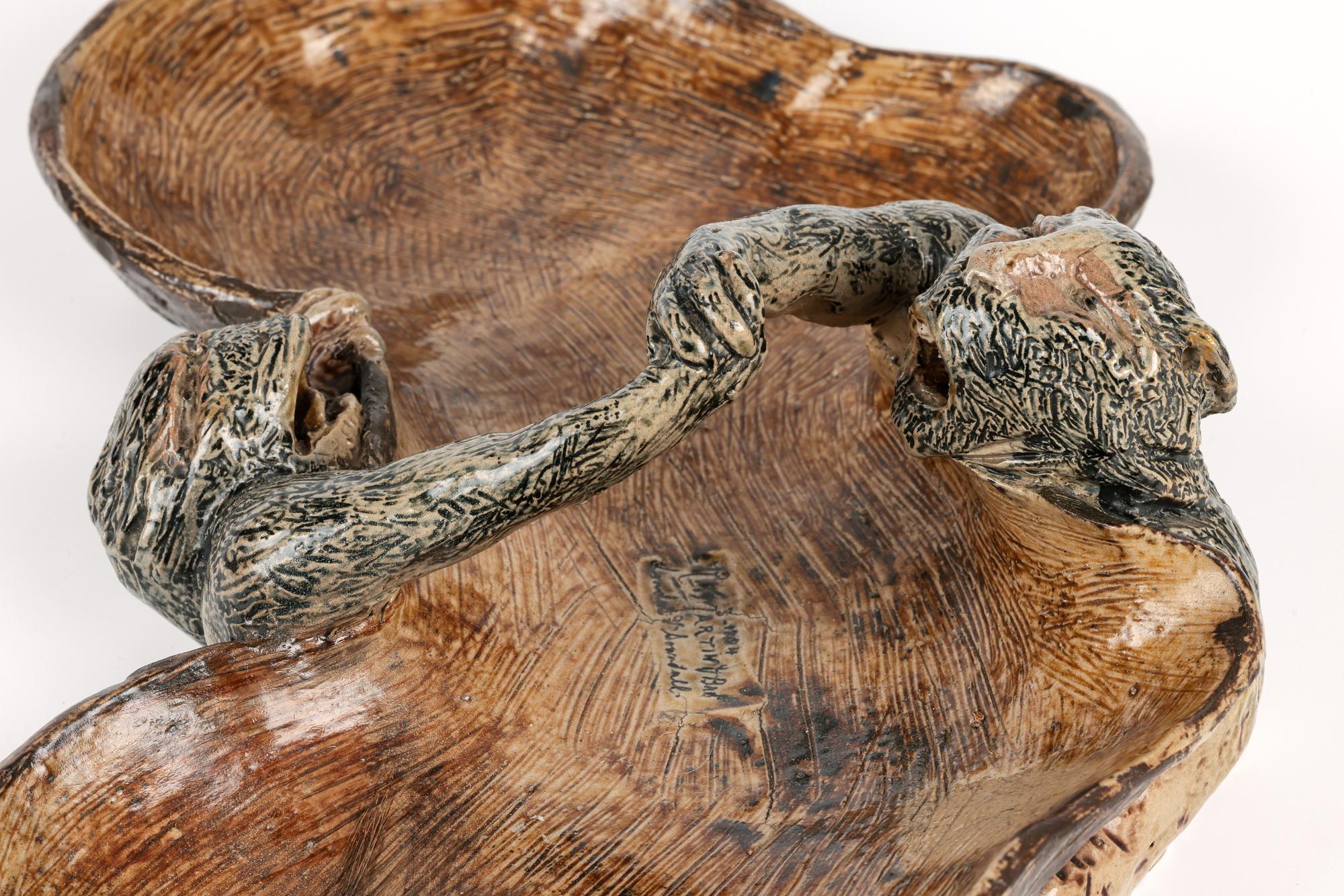 Arts and Crafts Martin Brothers Rare Grotesque Arm Wrestling Monkeys Stoneware Dish For Sale